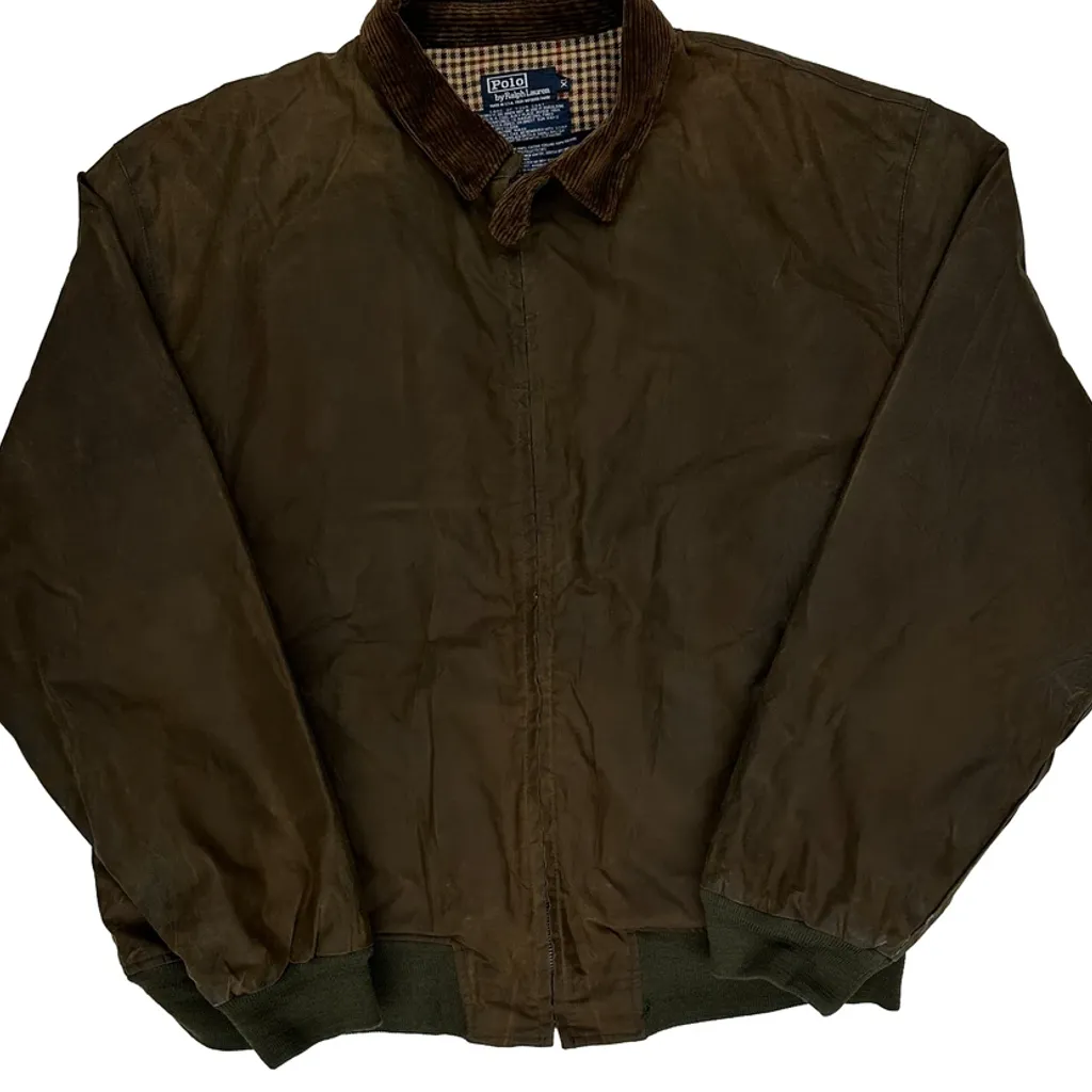 90S Made In USA Polo By Ralph Lauren Checked Lining Oilcloth Wax Jacket - XL Brown Cotton - Image 4