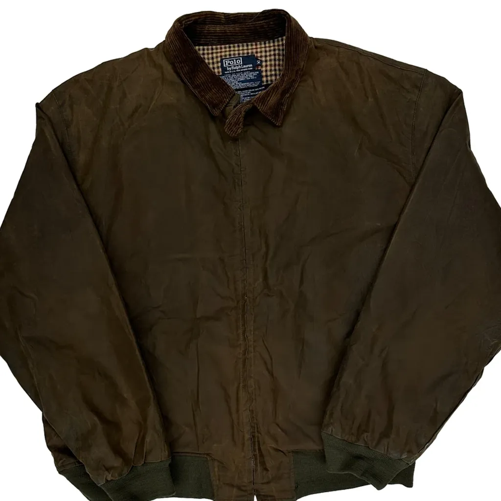 90S Made In USA Polo By Ralph Lauren Checked Lining Oilcloth Wax Jacket - XL Brown Cotton - Image 5