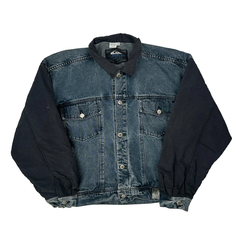 90S Made In USA Saltwater Quiksilver Graphic Denim Jacket - Large Blue Cotton