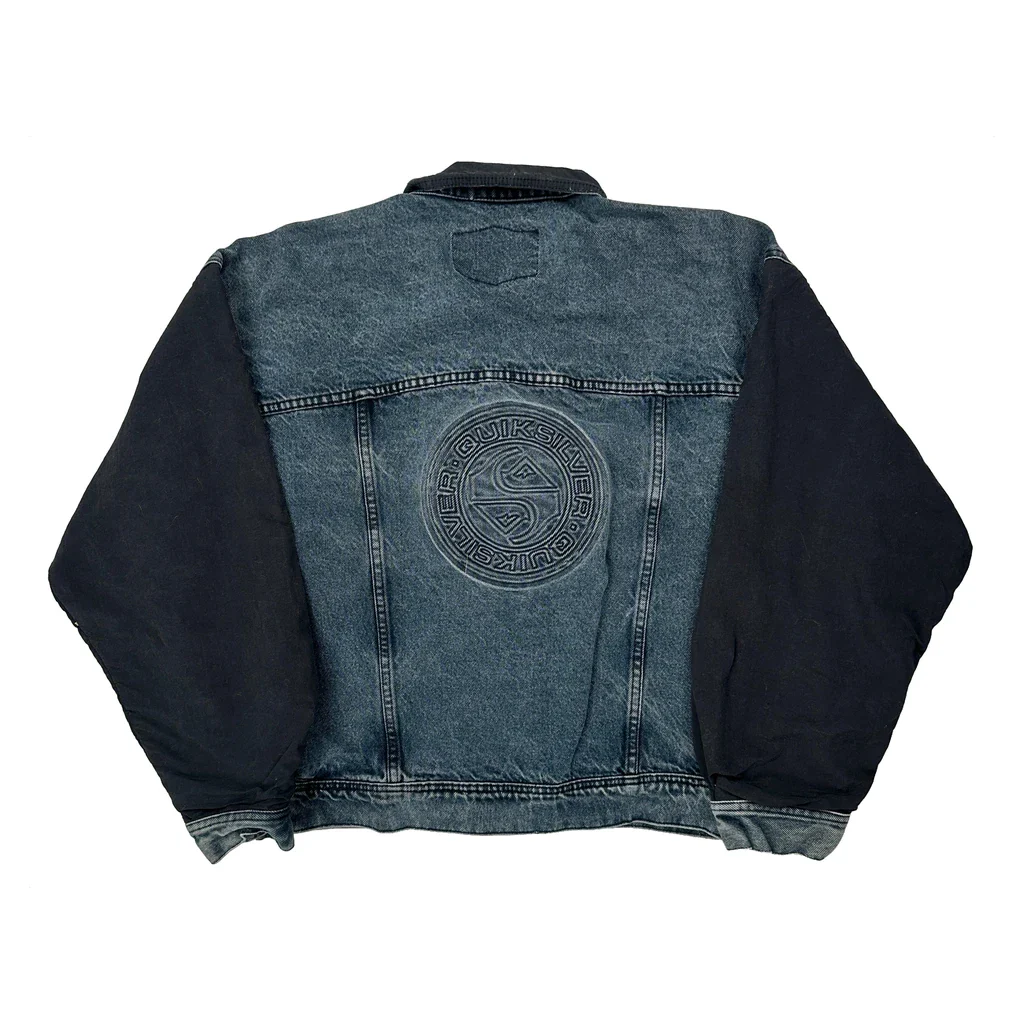90S Made In USA Saltwater Quiksilver Graphic Denim Jacket - Large Blue Cotton - Image 2