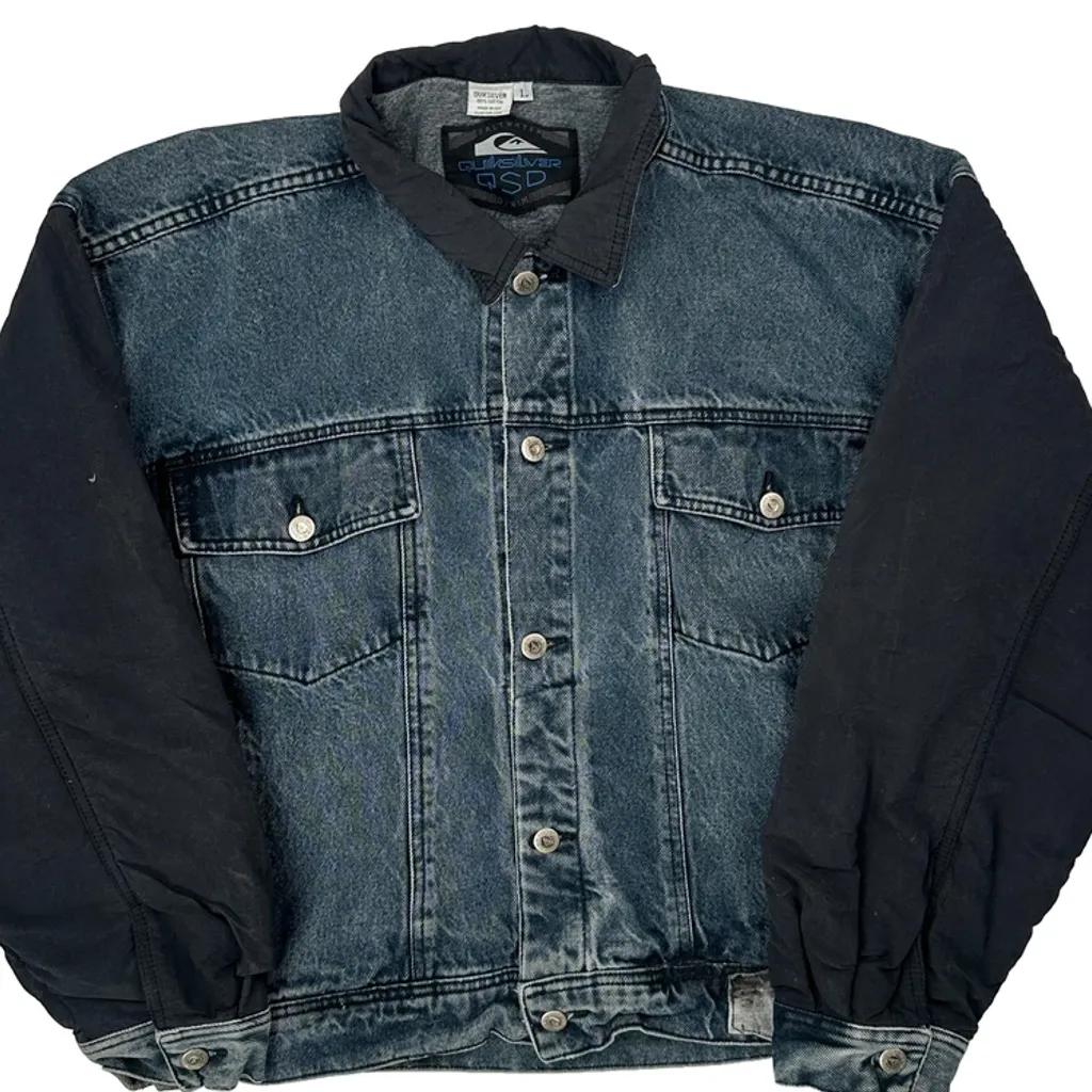90S Made In USA Saltwater Quiksilver Graphic Denim Jacket - Large Blue Cotton - Image 4