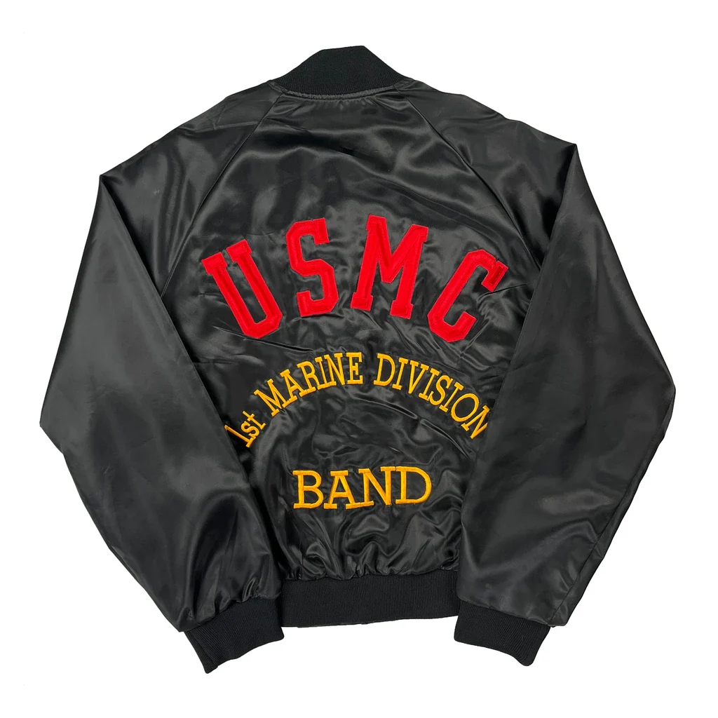 90S Made In USA USmc Marine Auburn Dad Embroidered Satin Varsity Jacket - Large Yellow Nylon - Image 2