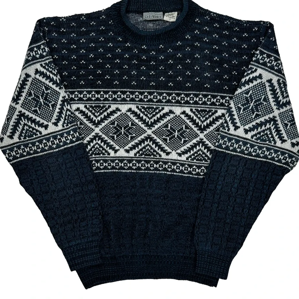 90S Rob Winter Fair Isle Jumper - Large Navy Acrylic - Image 4