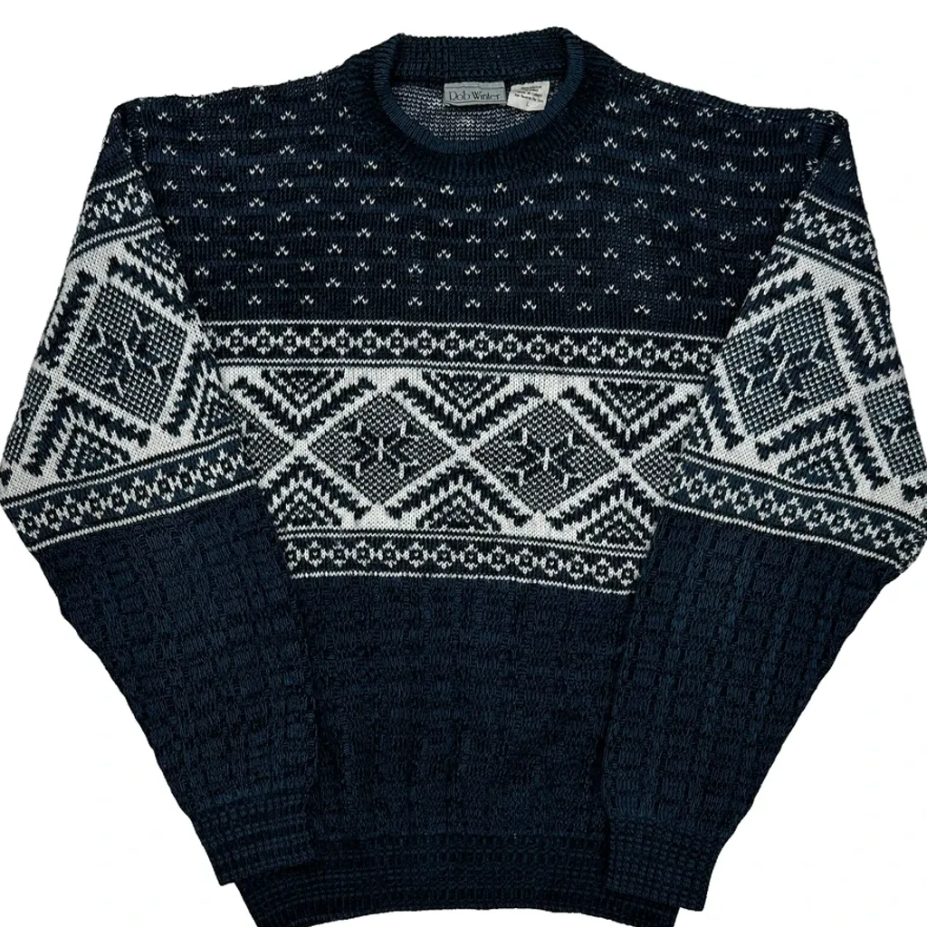 90S Rob Winter Fair Isle Jumper - Large Navy Acrylic - Image 5
