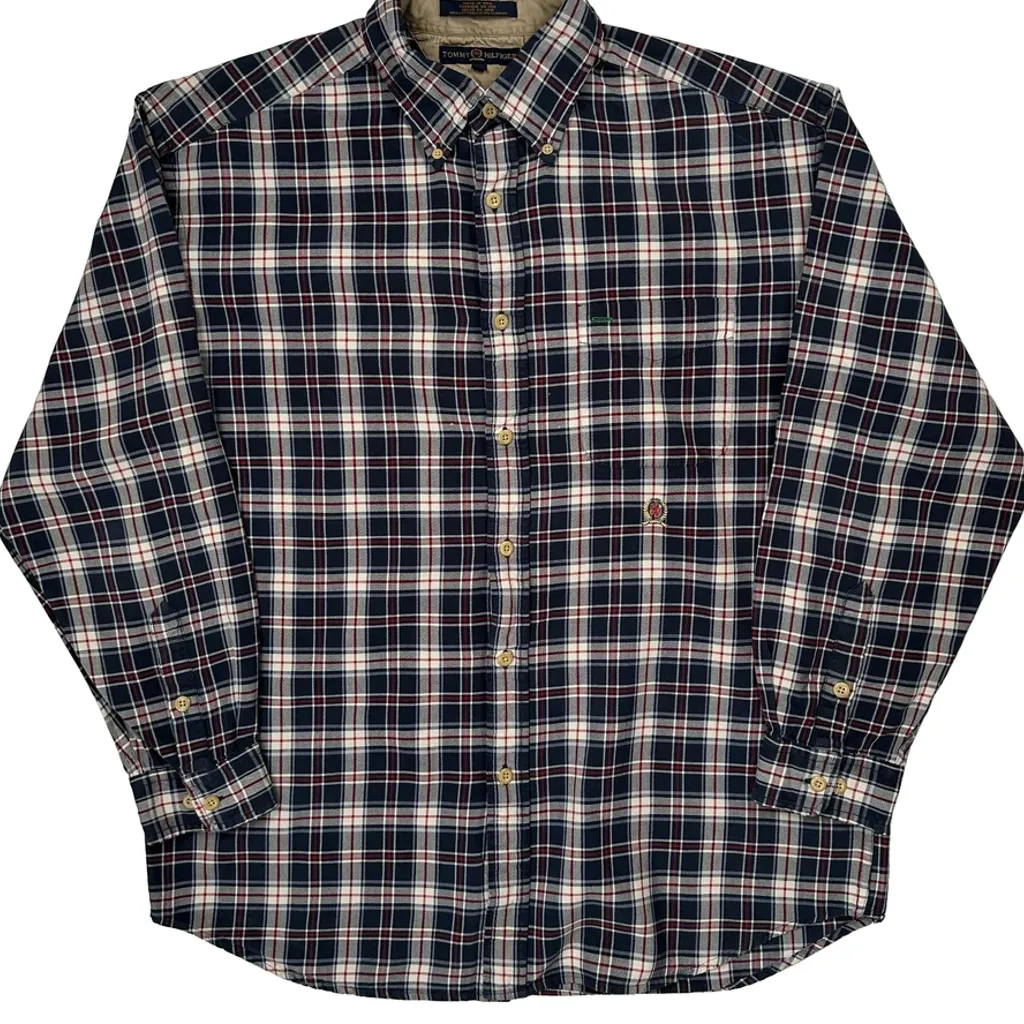 90S Tommy Hilfiger Checked Flannel Shirt - XL Blue Cotton - Image 4