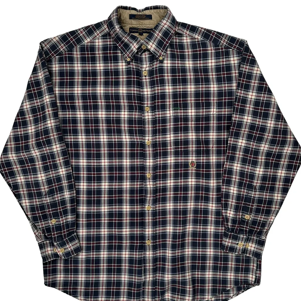 90S Tommy Hilfiger Checked Flannel Shirt - XL Blue Cotton - Image 5