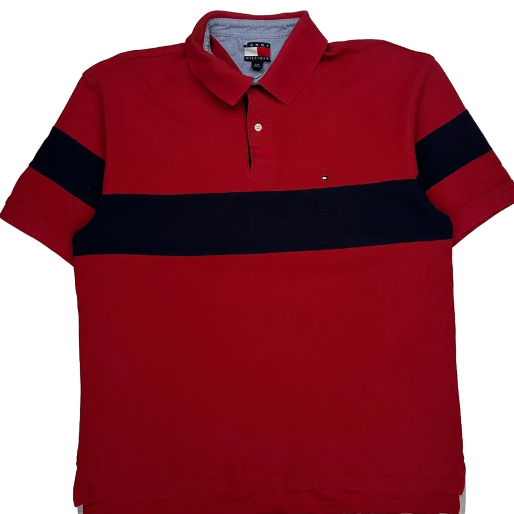 90S Tommy Hilfiger Striped Polo Shirt - Large Red Cotton - Image 4