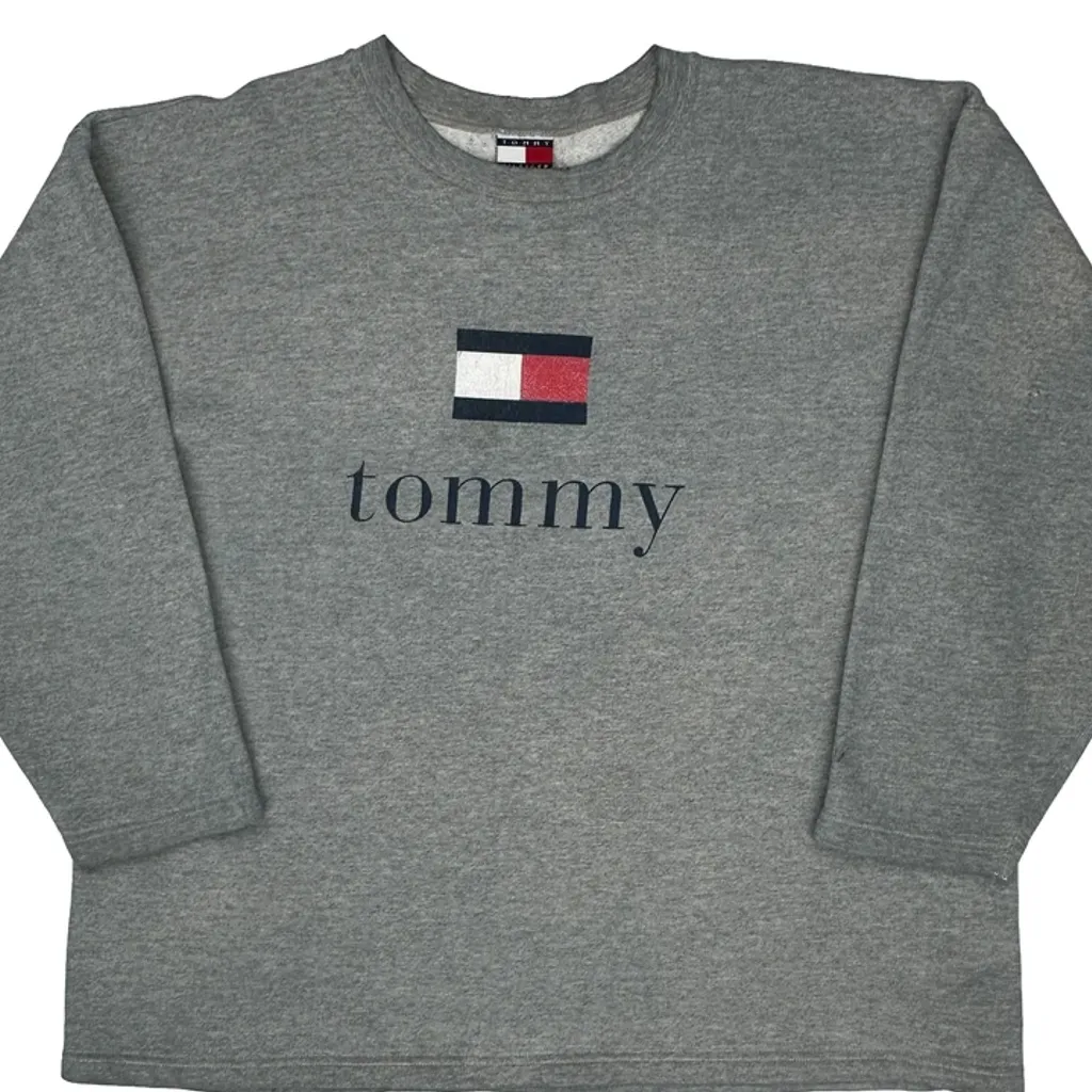 90S Tommy Hilfiger Spellout Sweatshirt - XL Grey Cotton - Image 5