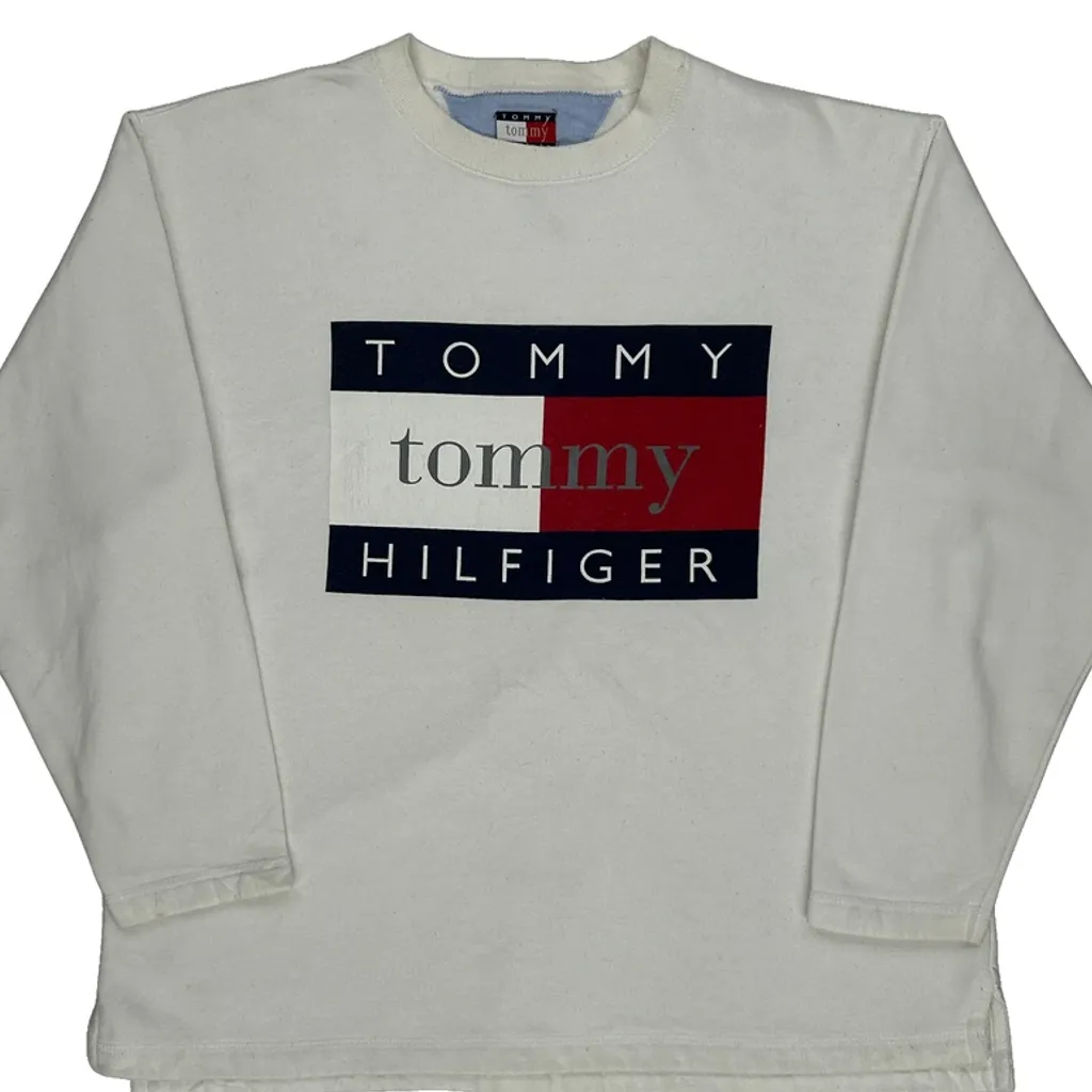 90S Tommy Hilfiger Spellout Sweatshirt - Large White Cotton - Image 5