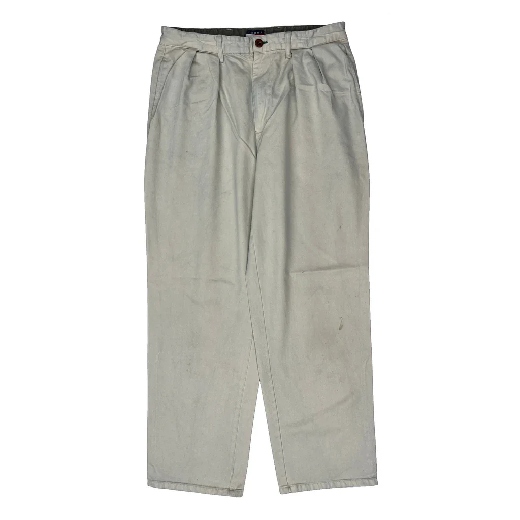 90S Tommy Hilfiger Pleated Trousers - 32W 31L Beige Cotton - Image 2