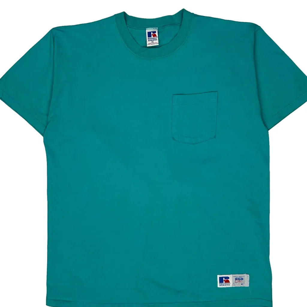 90S USA Made Blank Russell Athletic T-Shirt - XL Green Cotton - Image 5