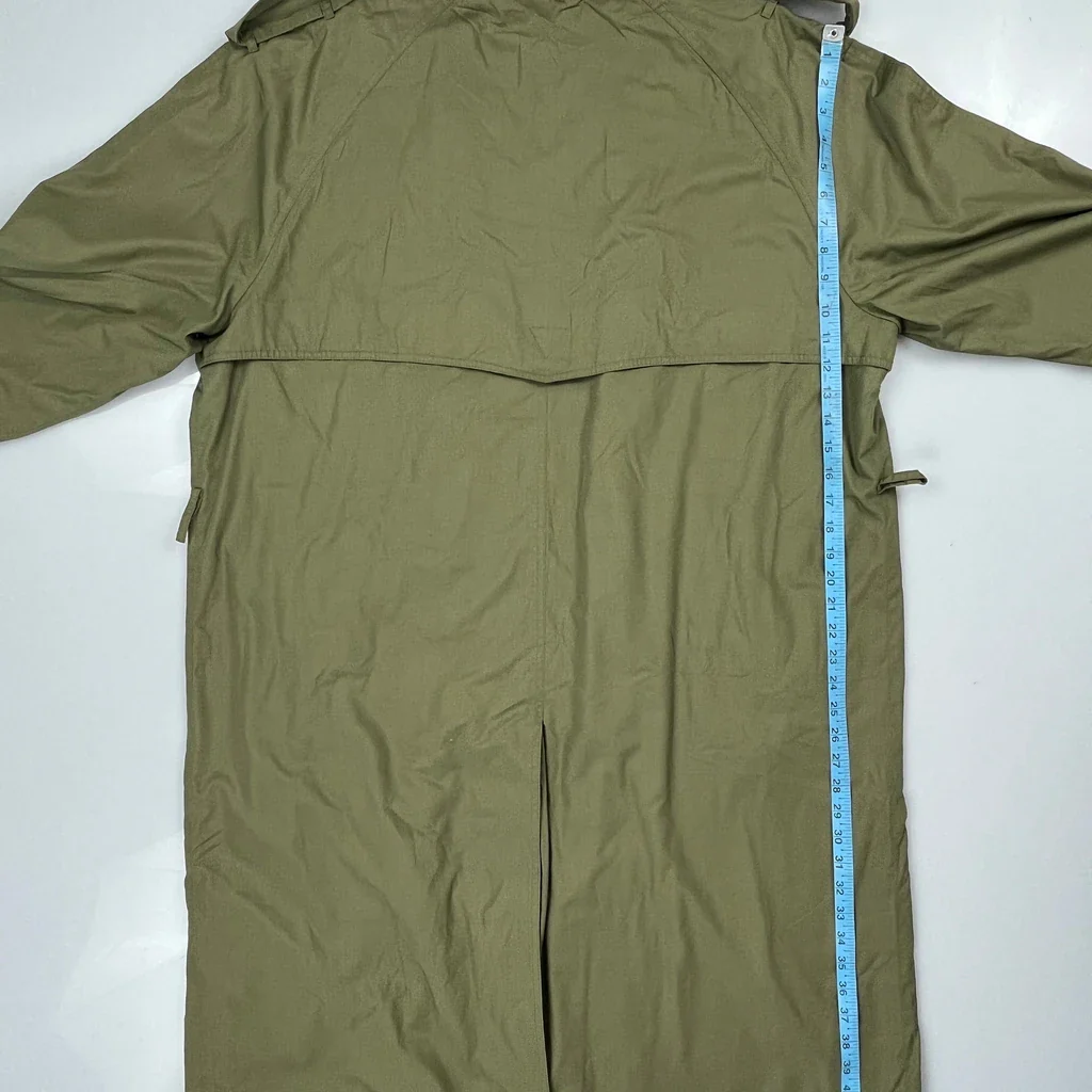 90S Vintage Fully Lined Yves Saint Laurent Full Length Double Breasted Trench Coat - XL Green Cotton - Image 3