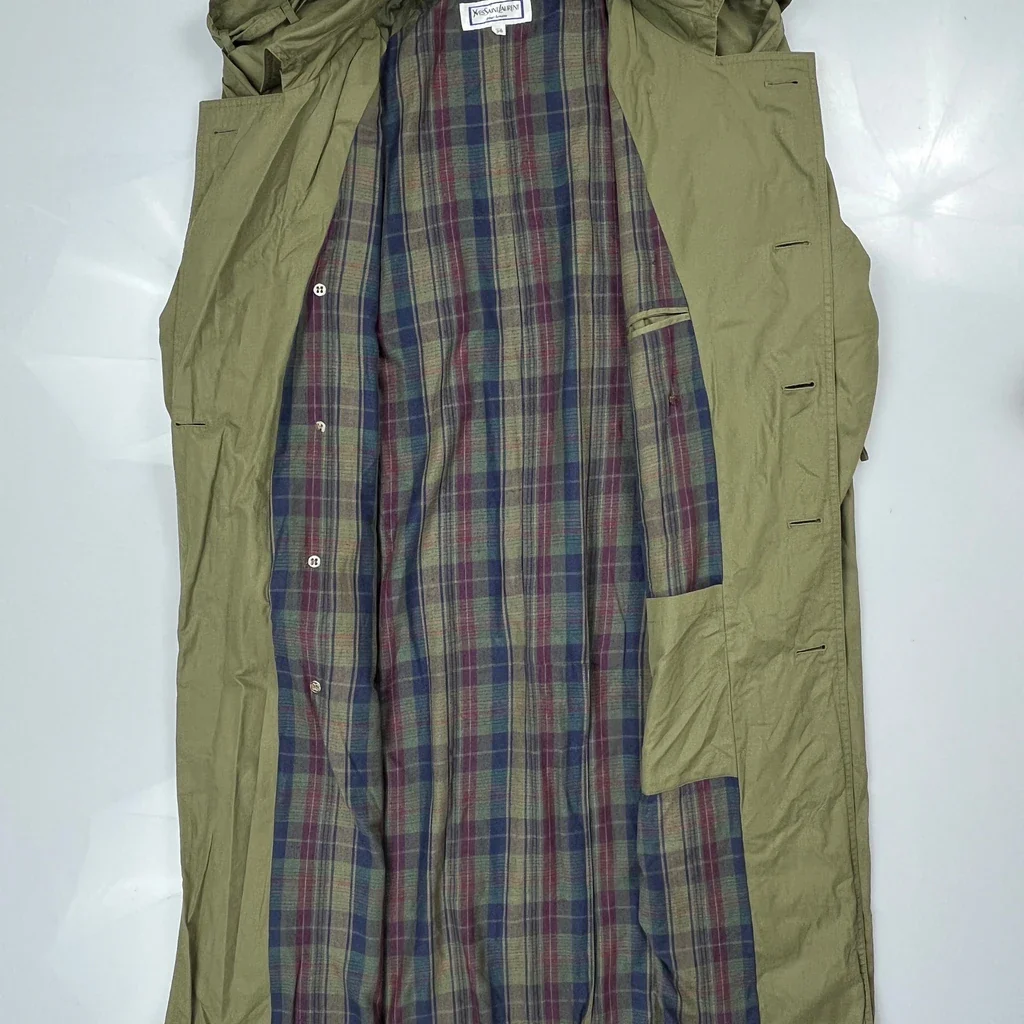 90S Vintage Fully Lined Yves Saint Laurent Full Length Double Breasted Trench Coat - XL Green Cotton - Image 5