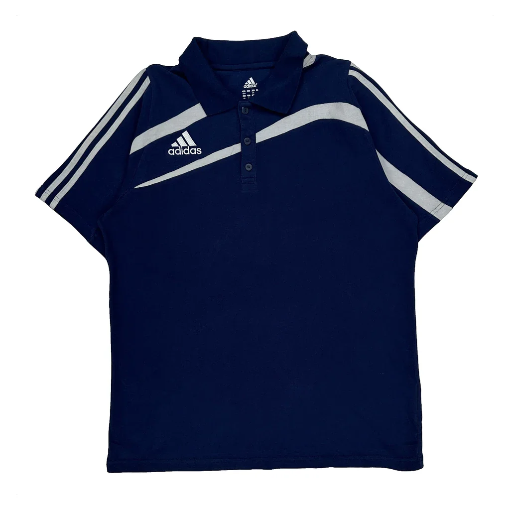 Adidas Striped Polo Shirt - Large Blue Cotton