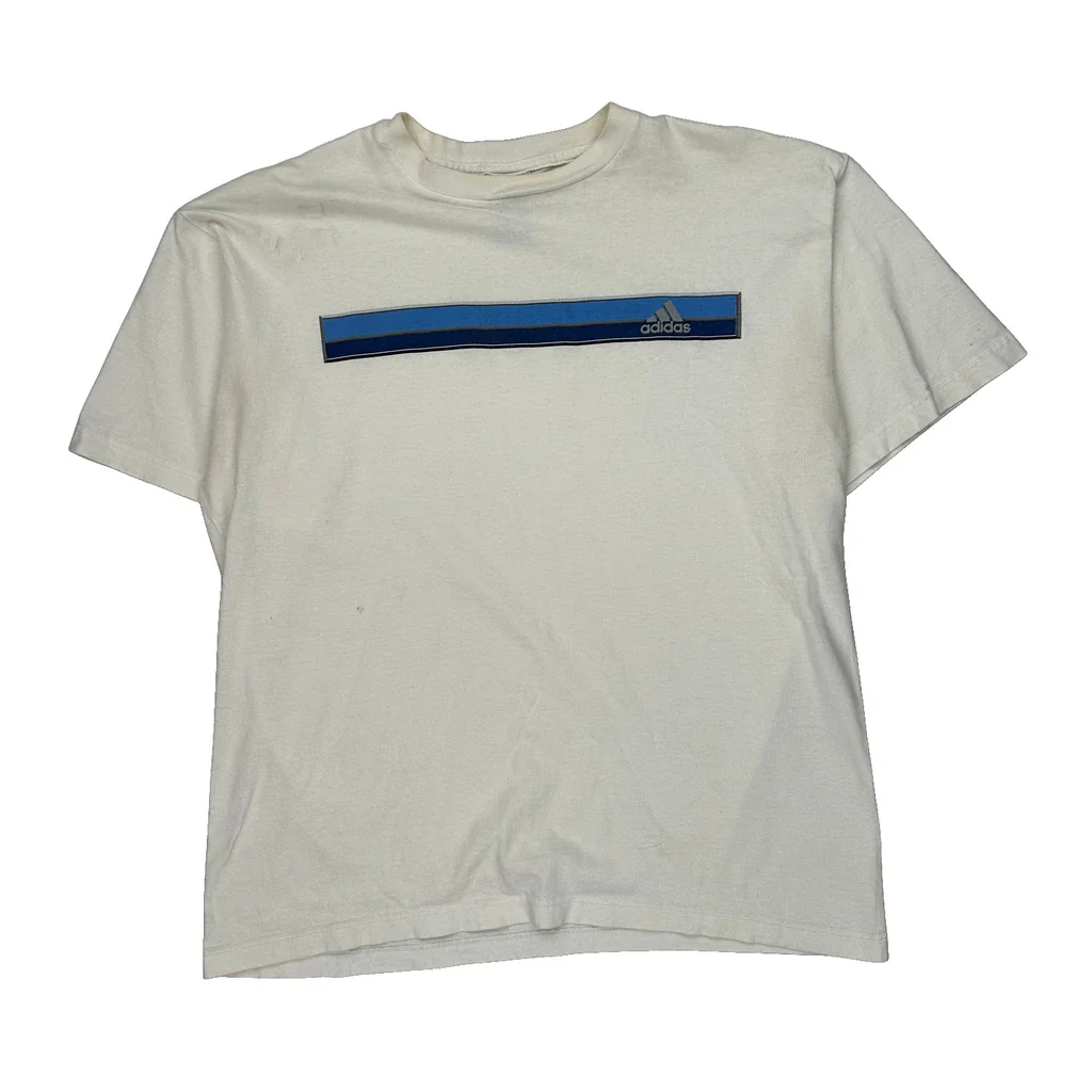 Adidas Striped T-Shirt - Large White Cotton