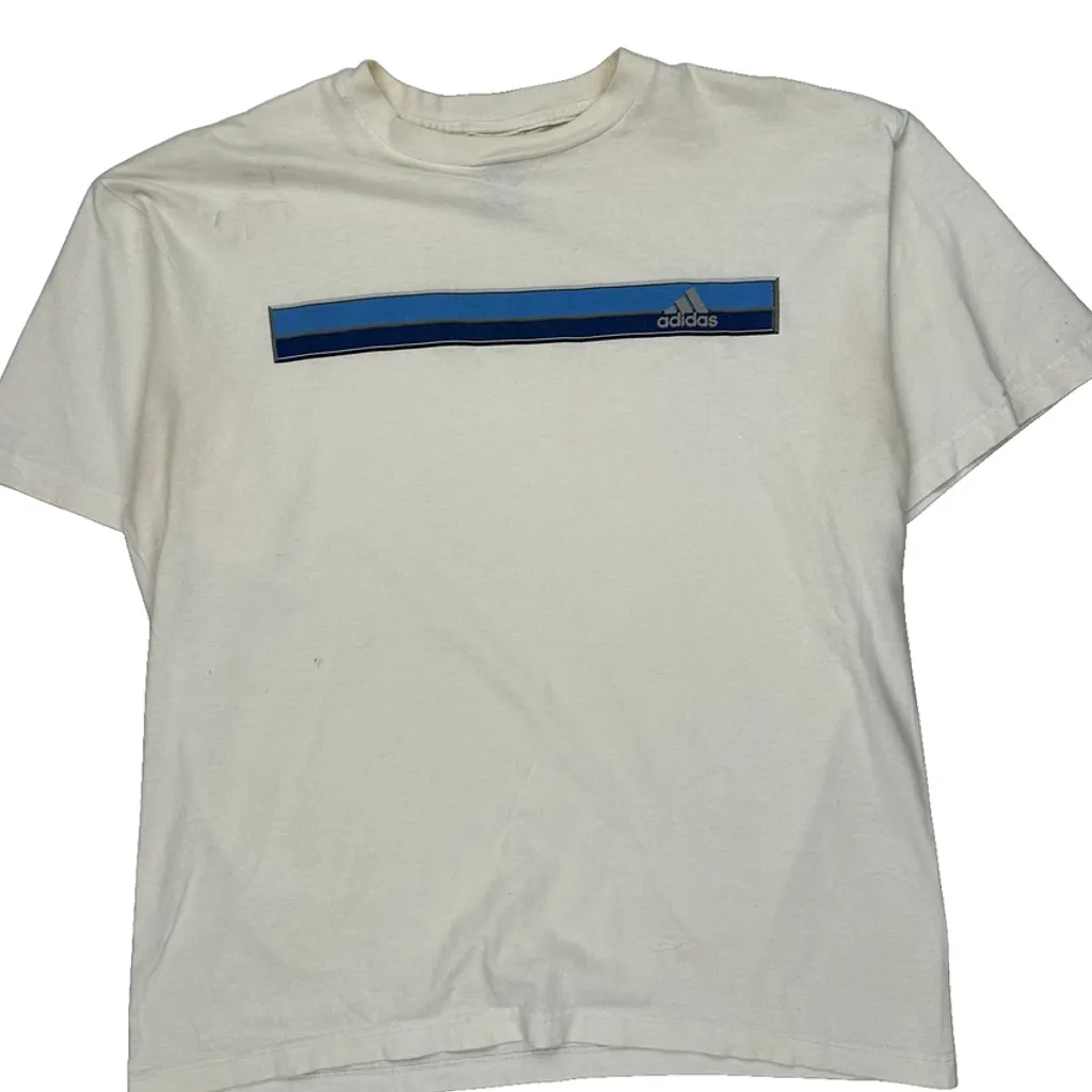 Adidas Striped T-Shirt - Large White Cotton - Image 5