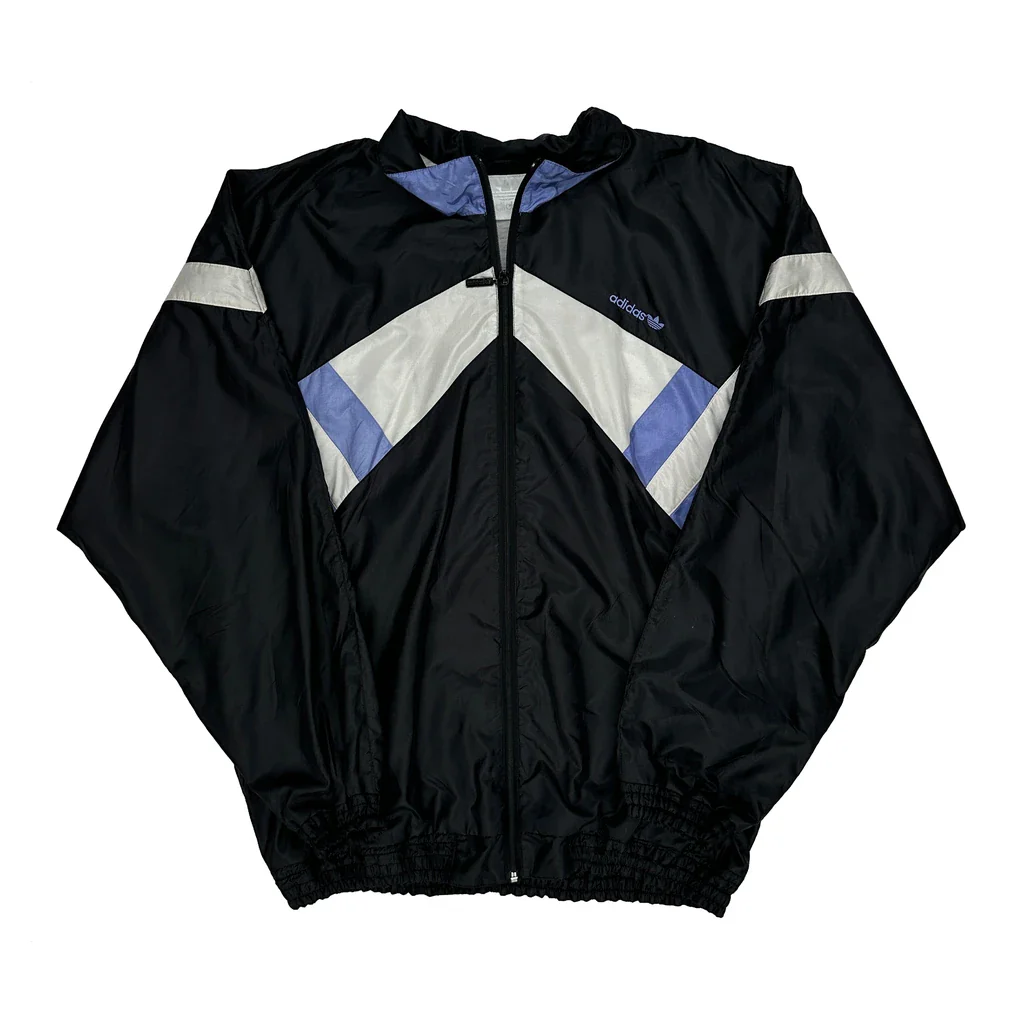 Adidas Striped Windbreaker - Large Black Polyester