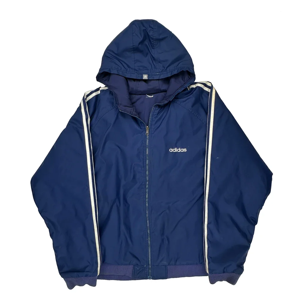 Adidas Striped Windbreaker - Large Blue Polyester