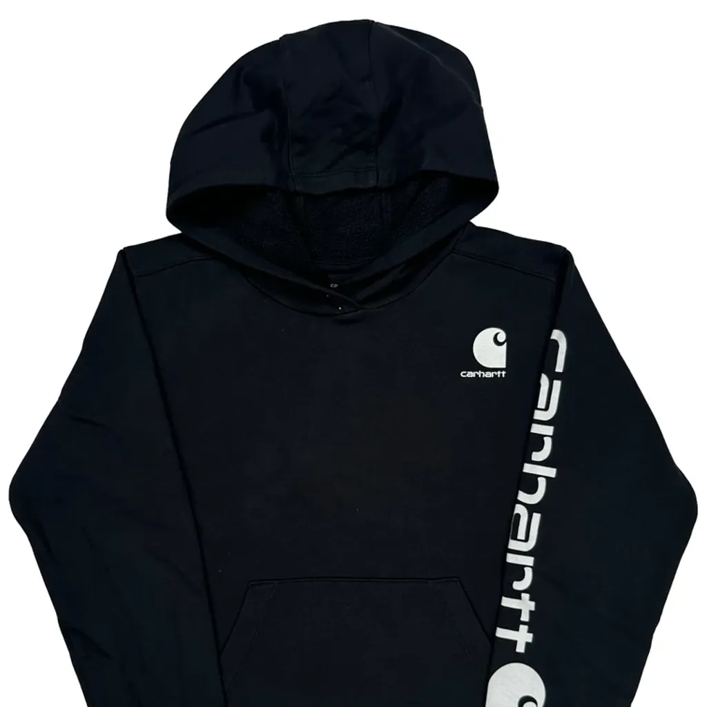 Age 10-12 Carhartt Spellout Hoodie - Large Black Cotton - Image 5