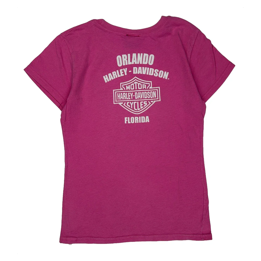 Age 10-12 Harley Davidson T-Shirt - Medium Pink Cotton - Image 2