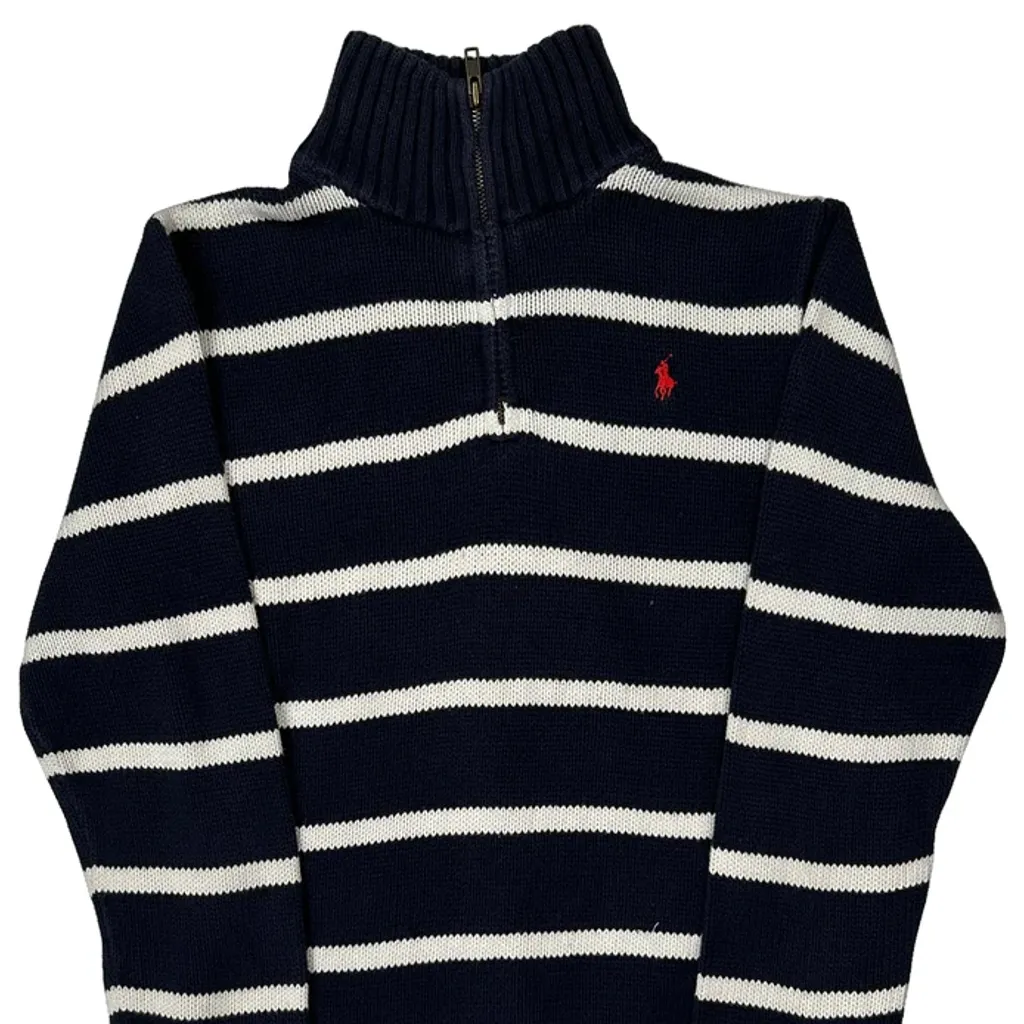 Age 10-12 Polo By Ralph Lauren Striped 1/4 Zip - Large Navy Cotton - Image 5
