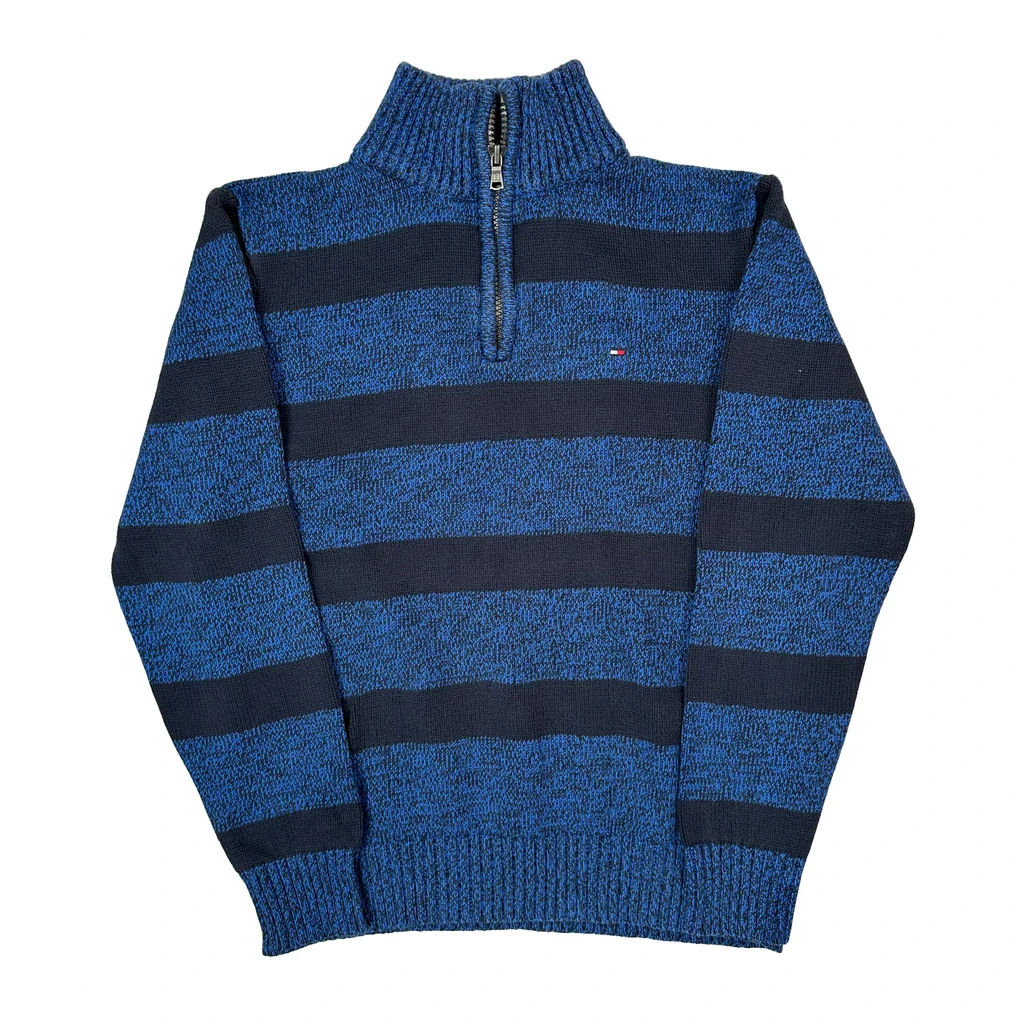 Age 12-14 Tommy Hilfiger Striped 1/4 Zip - Medium Blue Cotton