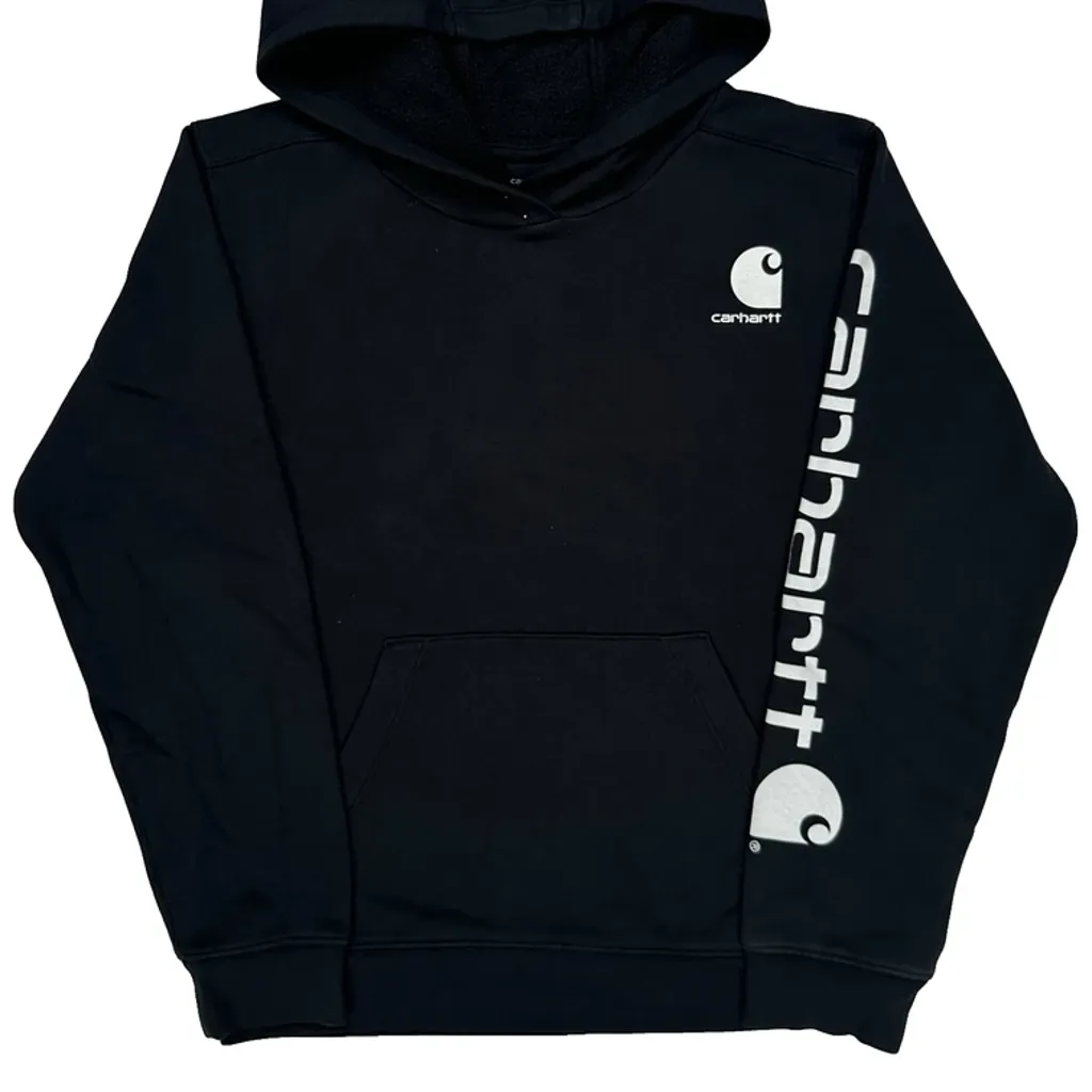 Age 12 Carhartt Spellout Hoodie - Large Black Cotton - Image 5