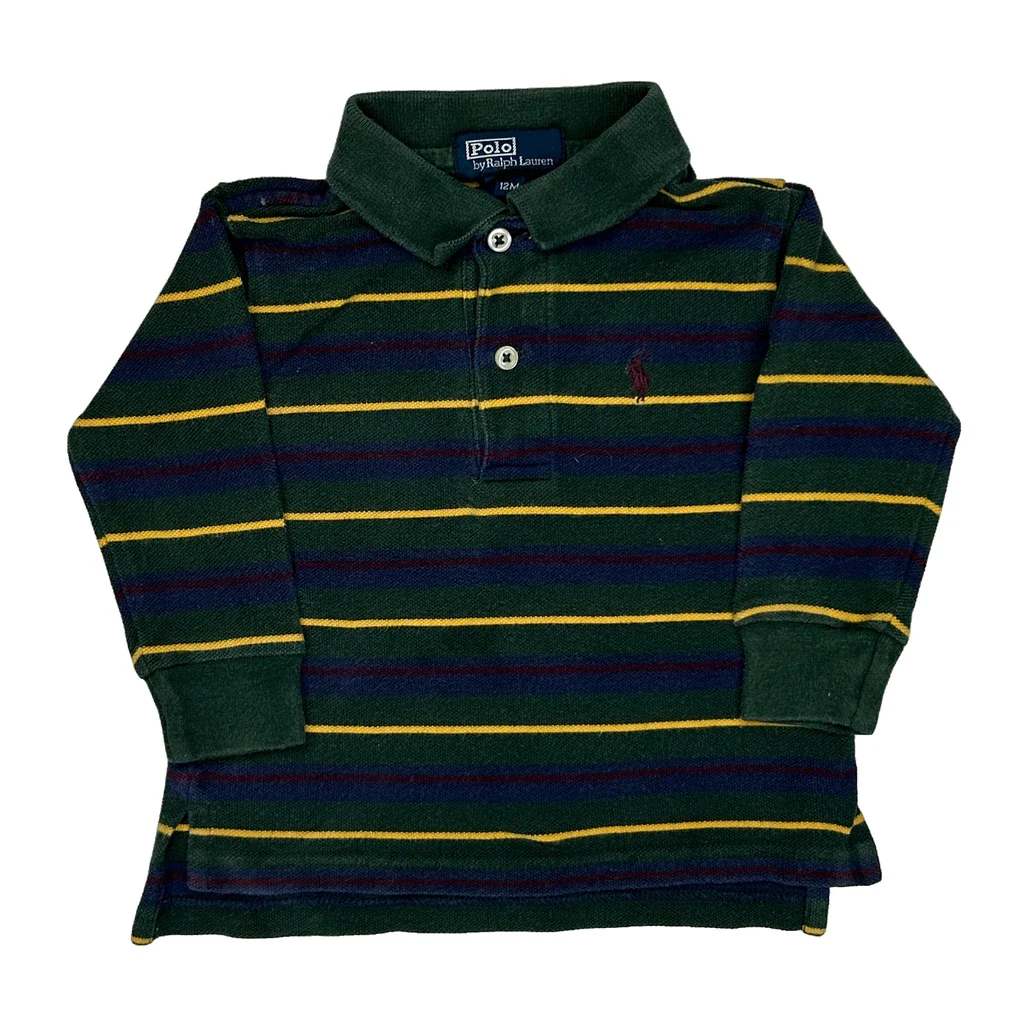 Age 12 Months Polo By Ralph Lauren Striped Polo Shirt - 3XS Green Cotton