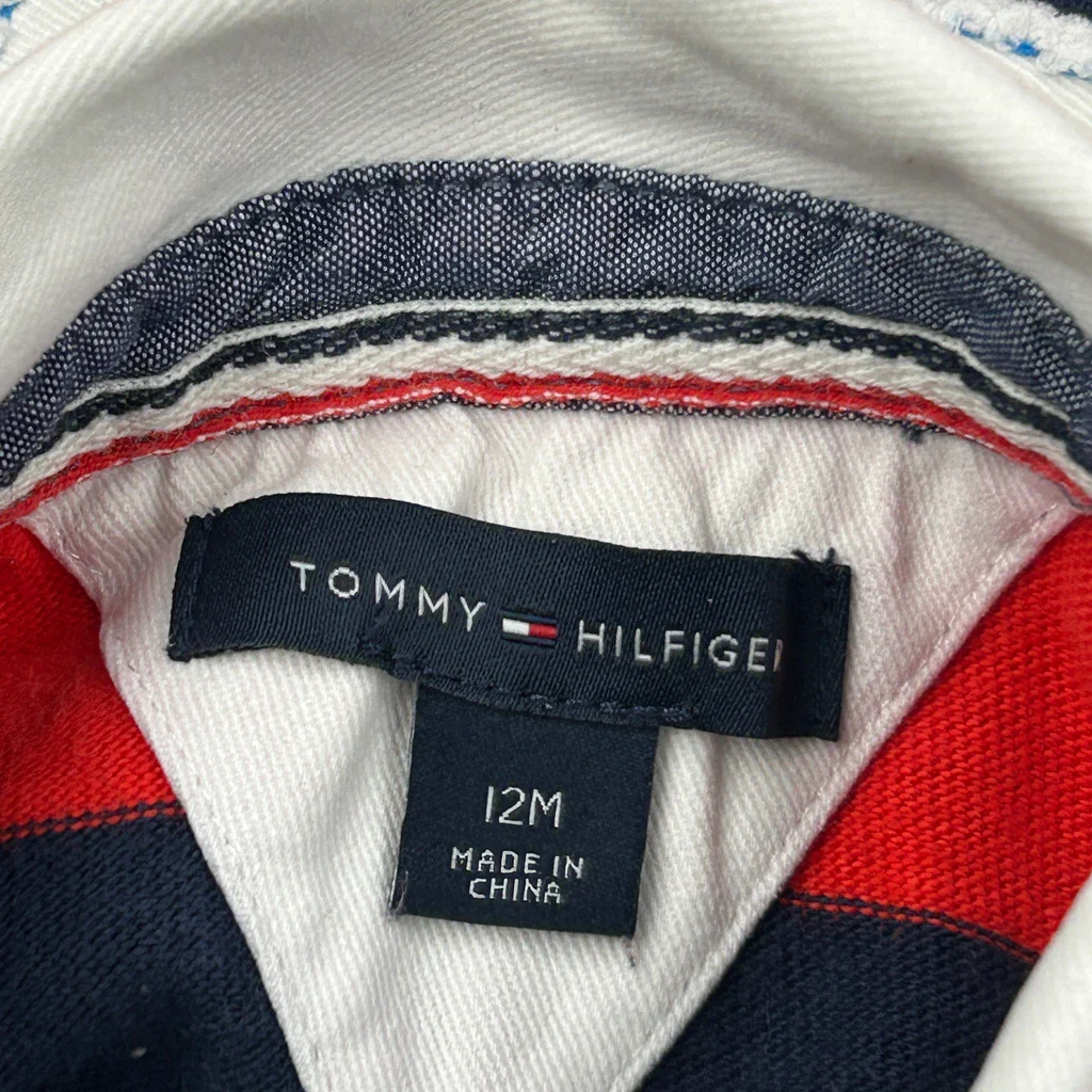 Age 12 Months Tommy Hilfiger Striped Rugby Shirt - 2XS Navy Cotton - Image 3
