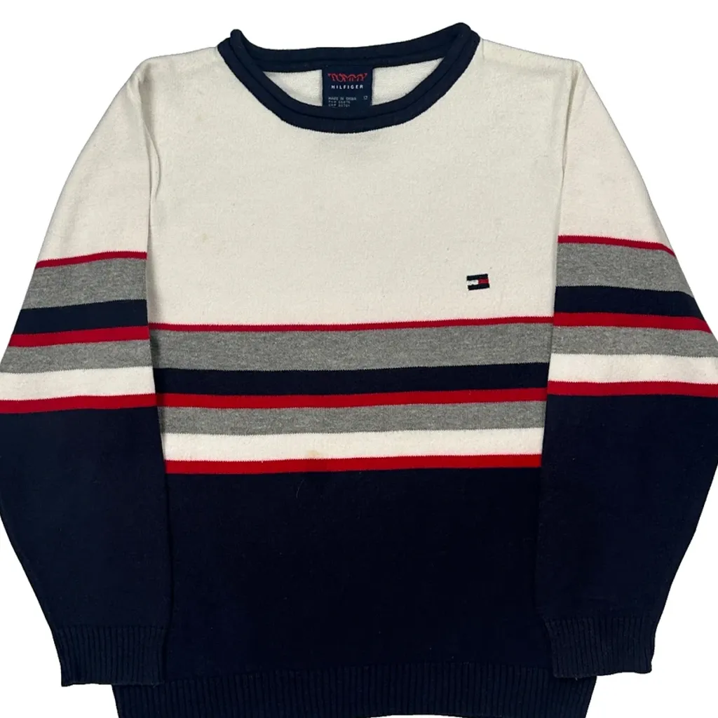 Age 12 Tommy Hilfiger Striped Long Sleeve T-Shirt - Large Navy Cotton - Image 4