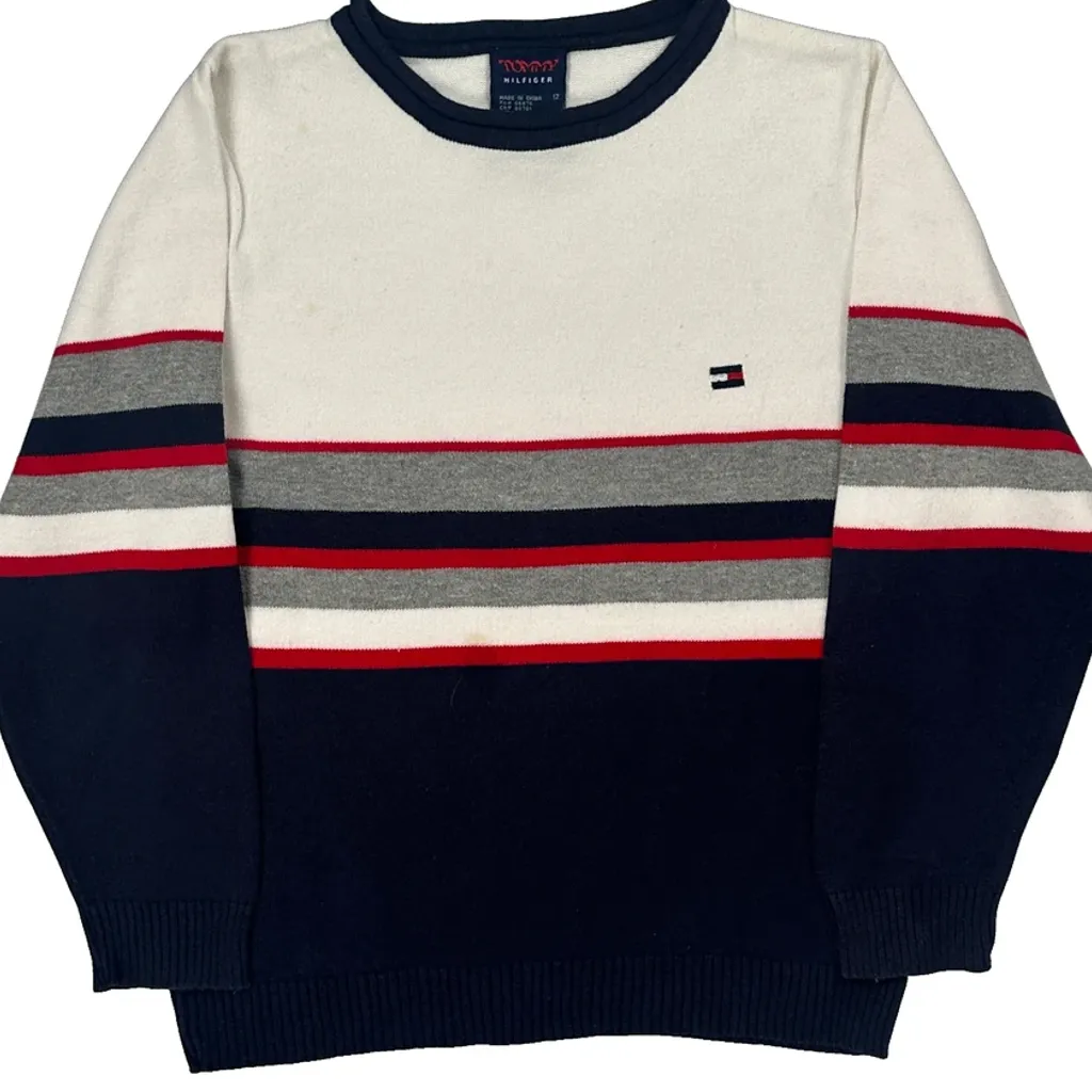 Age 12 Tommy Hilfiger Striped Long Sleeve T-Shirt - Large Navy Cotton - Image 5