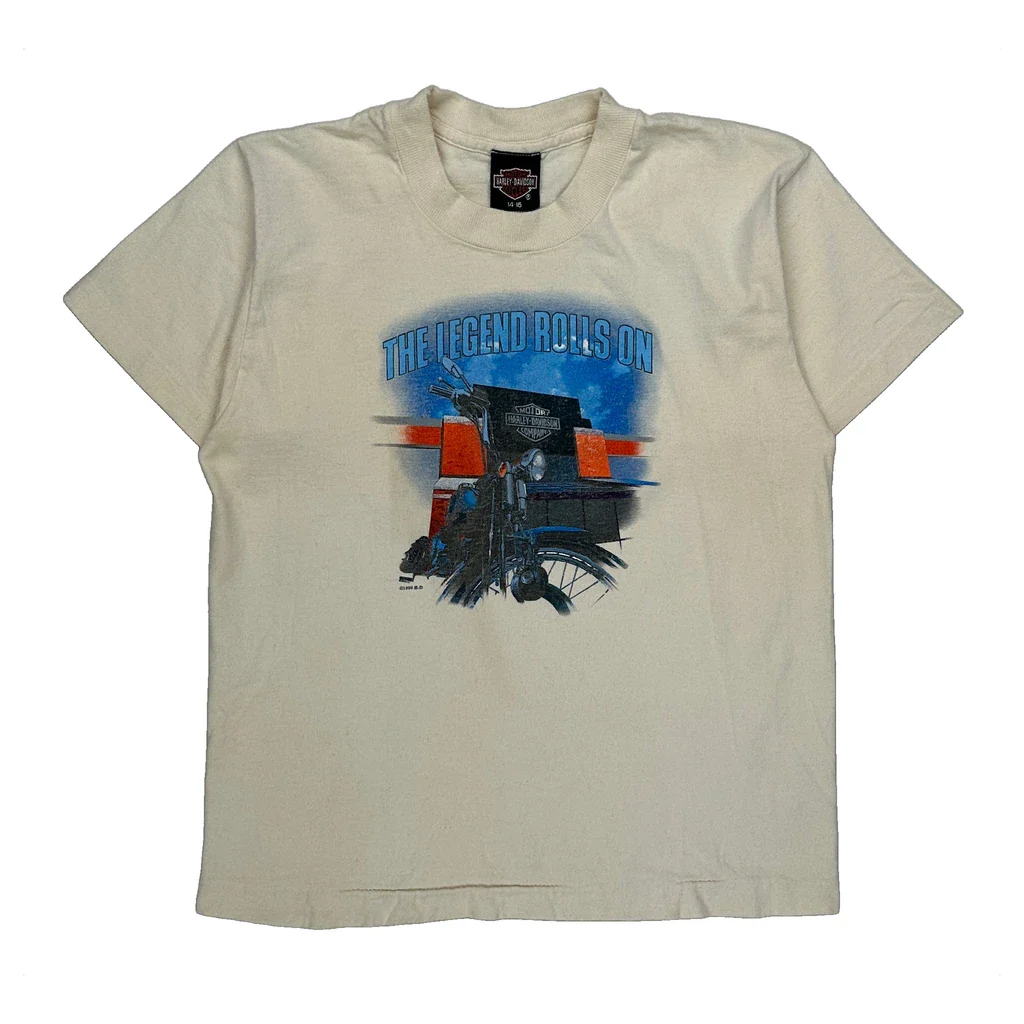 Age 14-16 Harley Davidson Graphic T-Shirt - Large Cream Cotton