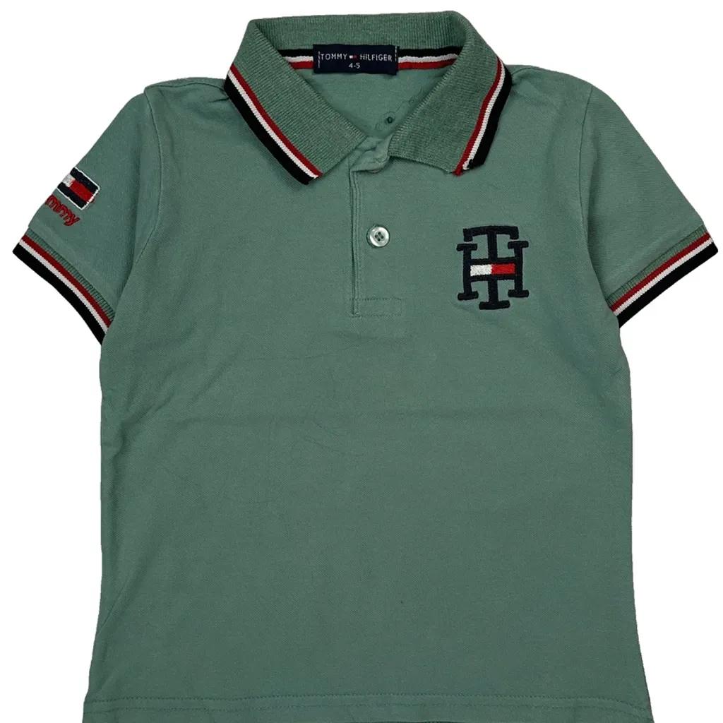 Age 4-5 Tommy Hilfiger Striped Polo Shirt - XS Green Cotton - Image 5