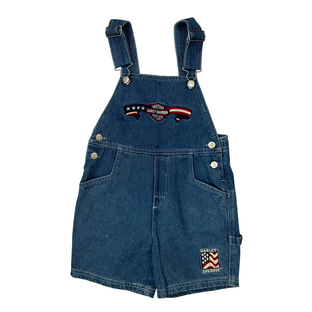Age 4 Harley Davidson Graphic Short Dungarees - Small Blue Denim