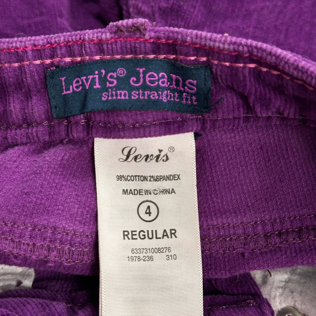 Age 4 Levis Slim Fit Cord Pants - XS Purple Cotton - Image 3