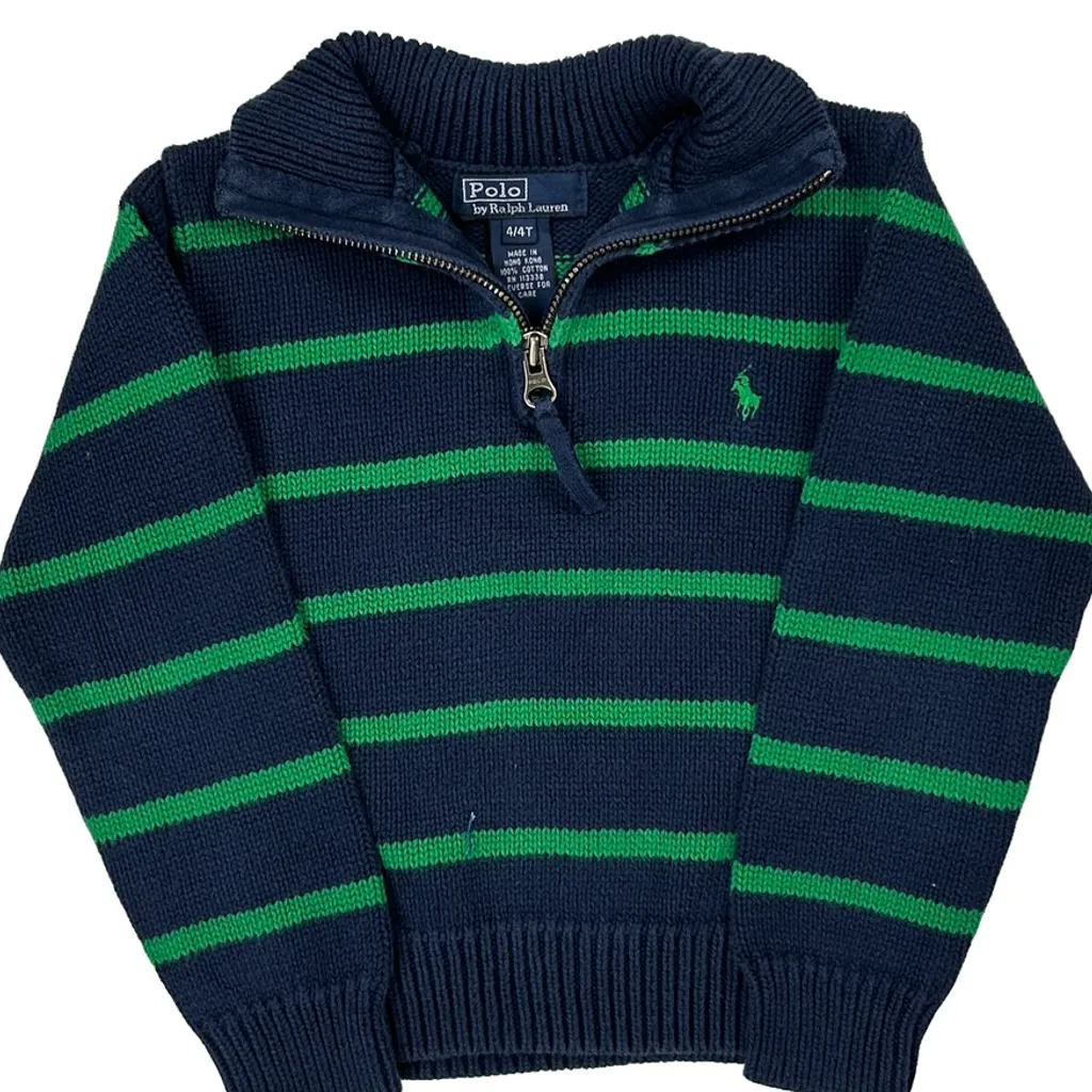 Age 4 Polo By Ralph Lauren Striped 1/4 Zip - Small Navy Cotton - Image 5