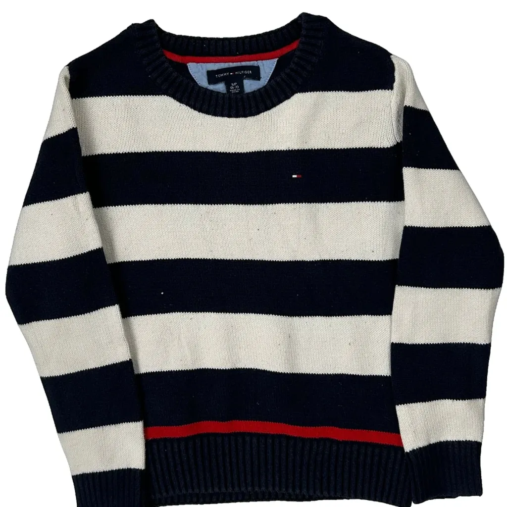 Age 6-7 Tommy Hilfiger Striped Jumper - Small Navy Cotton - Image 5