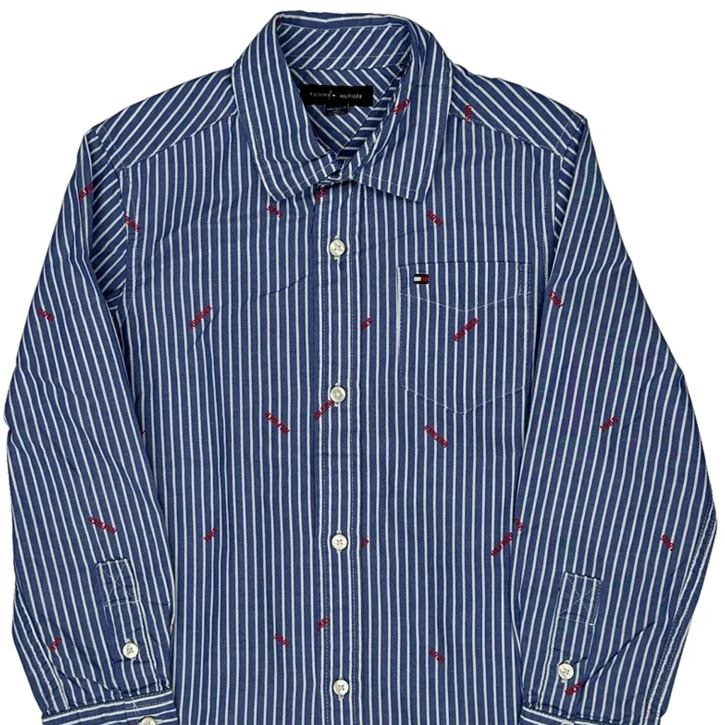 Age 6-7 Tommy Hilfiger Striped Shirt - Small Blue Cotton - Image 5