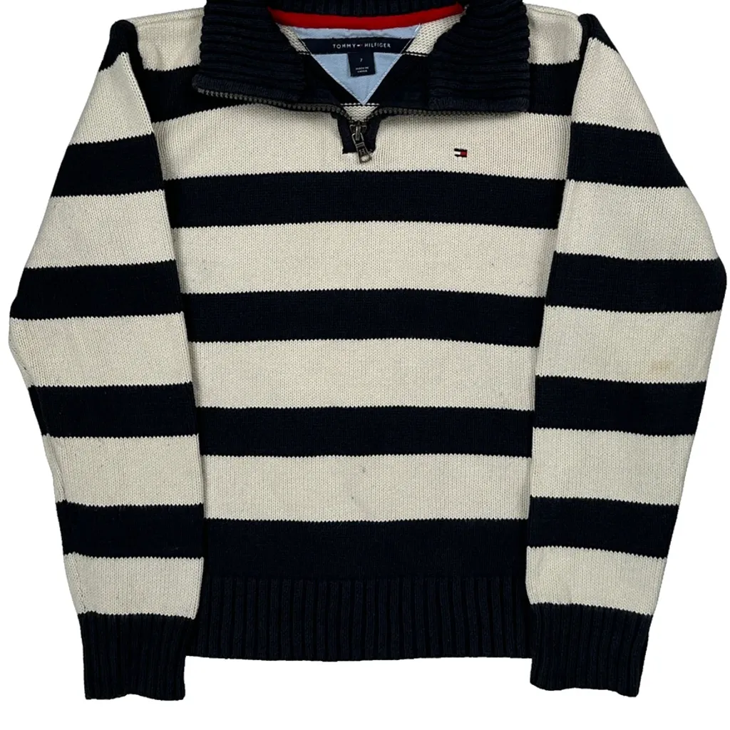 Age 7 Tommy Hilfiger Striped 1/4 Zip - Small Black & White Cotton - Image 5