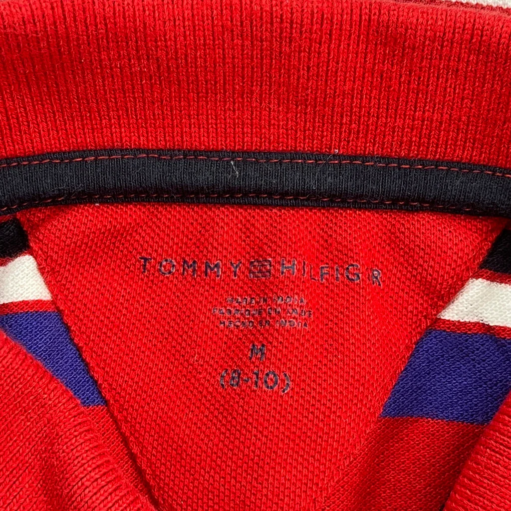 Age 8-10 Tommy Hilfiger Striped Polo Shirt - Medium Red Cotton - Image 3