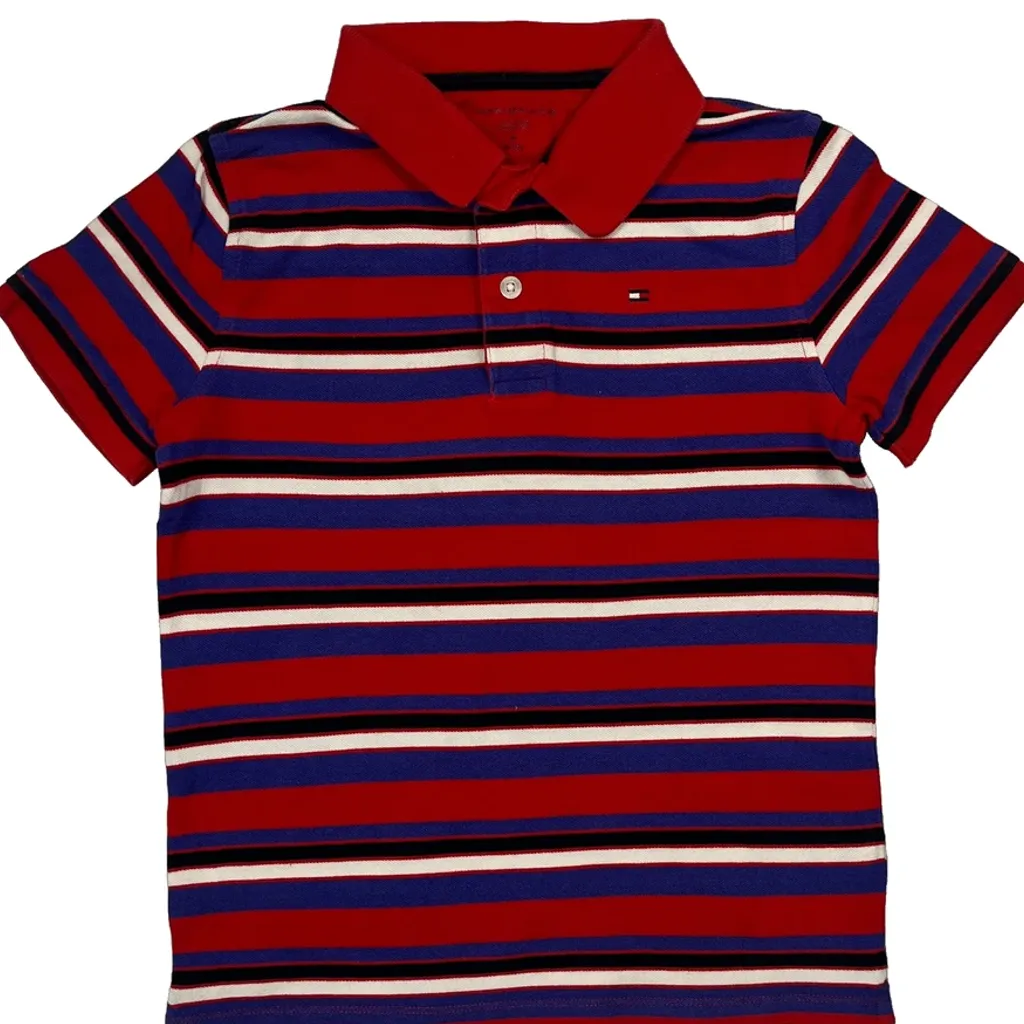 Age 8-10 Tommy Hilfiger Striped Polo Shirt - Medium Red Cotton - Image 4