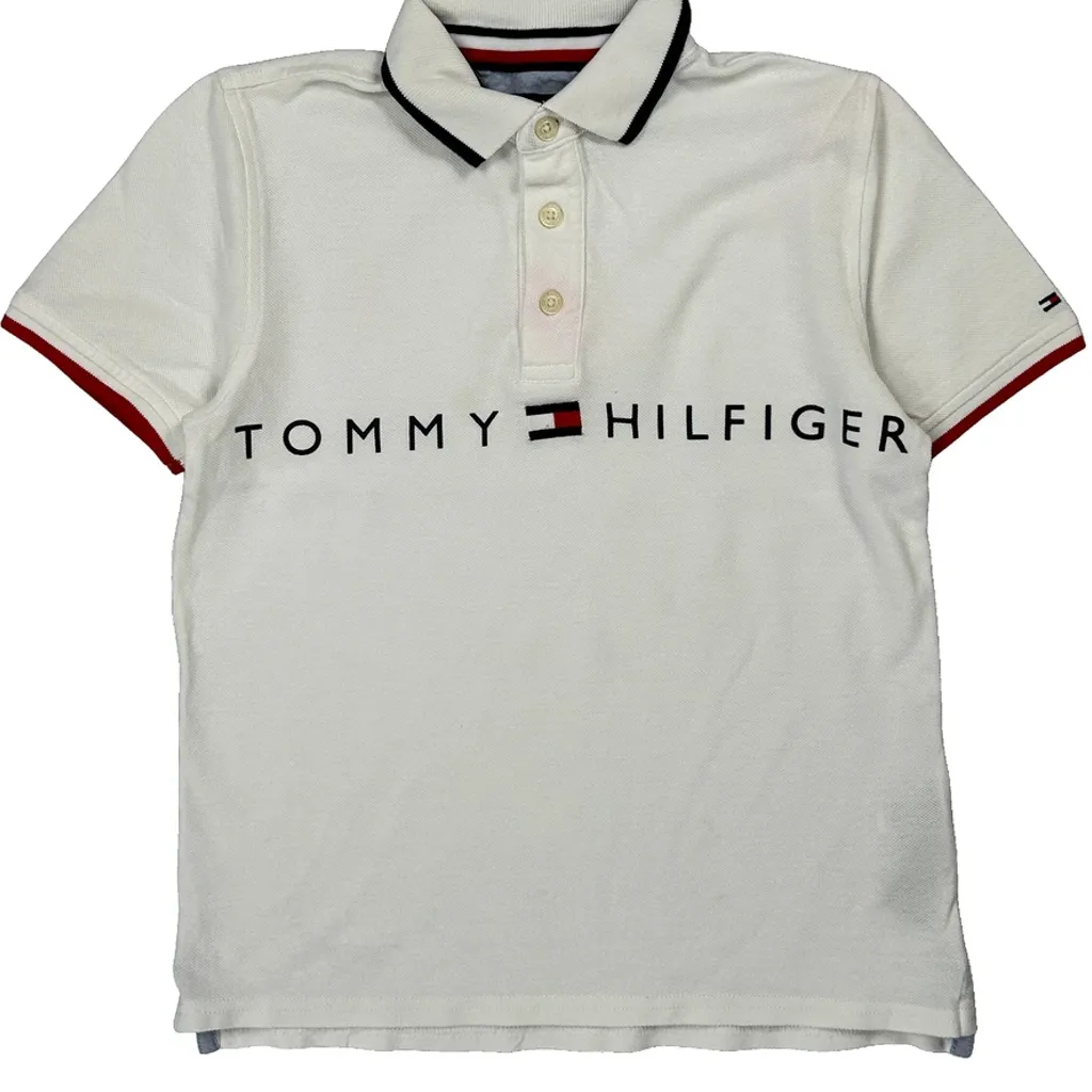 Age 8-10 Tommy Hilfiger Spellout Polo Shirt - Medium White Cotton - Image 4