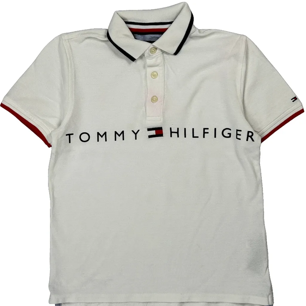 Age 8-10 Tommy Hilfiger Spellout Polo Shirt - Medium White Cotton - Image 5