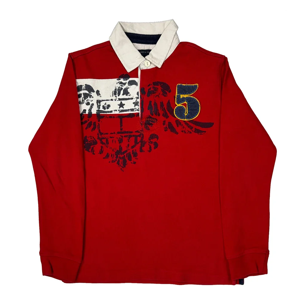 Age 8-10 Tommy Hilfiger Graphic Rugby Shirt - Medium Red Cotton
