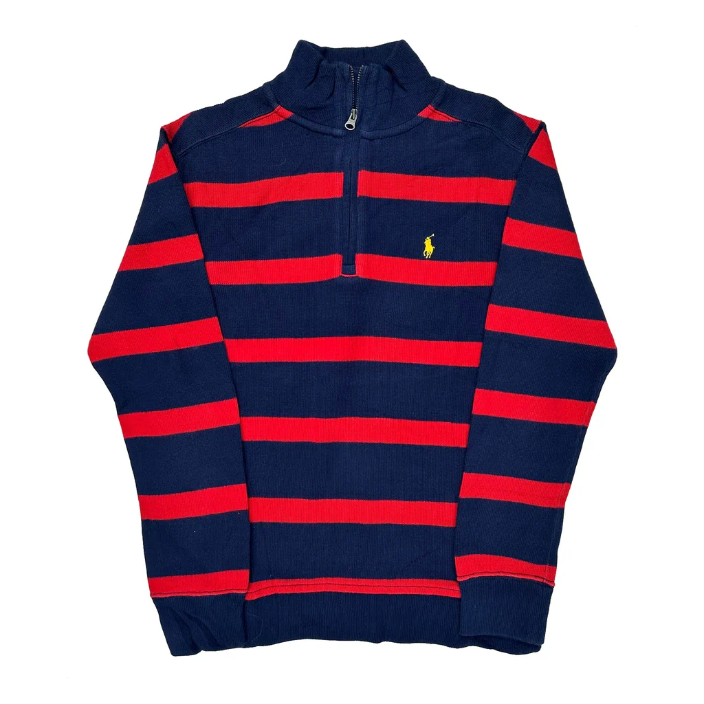 Age 8-9 Polo By Ralph Lauren Striped 1/4 Zip - Medium Navy Cotton