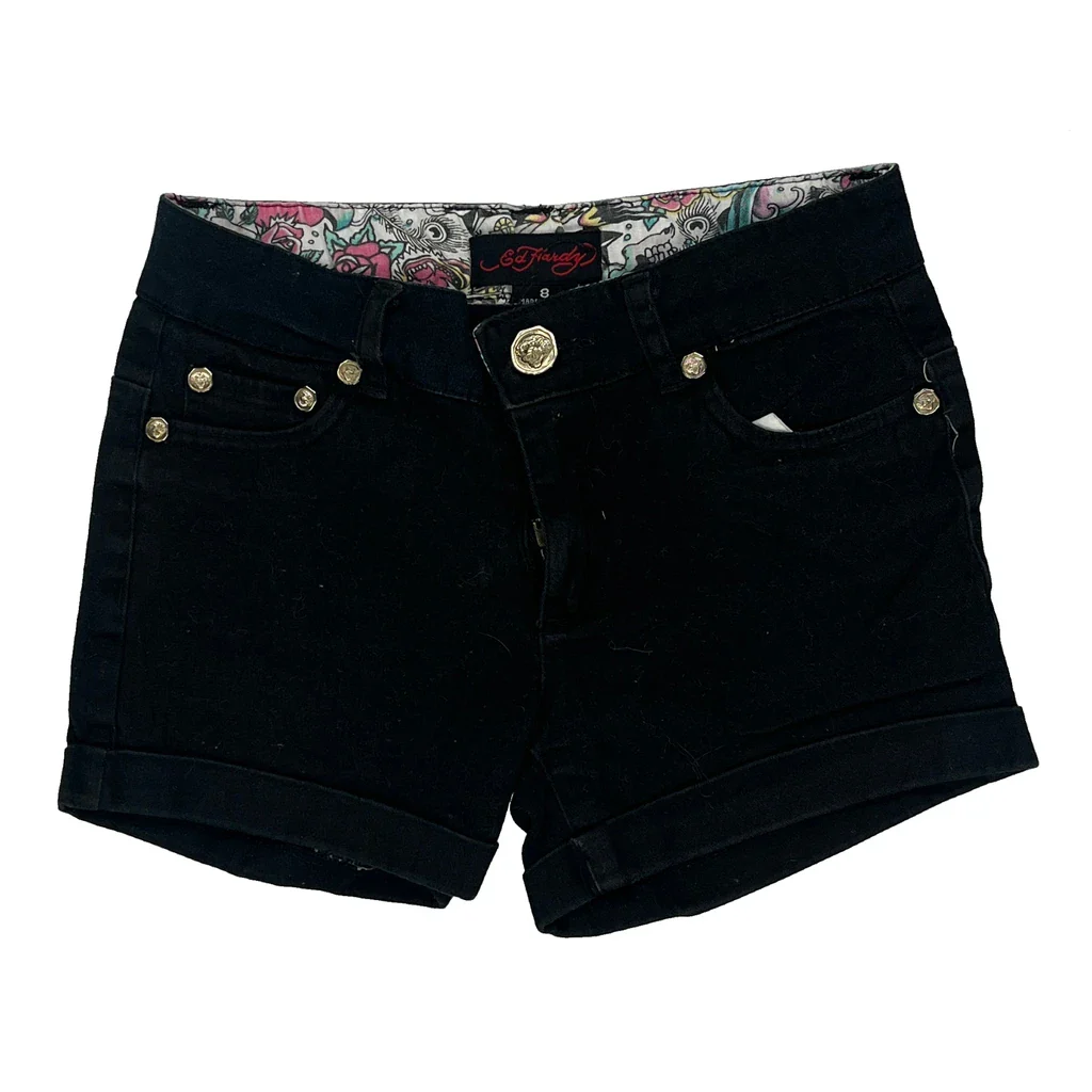 Age 8 Ed Hardy Graphic Denim Shorts - Smallw 3L Black Cotton - Image 2
