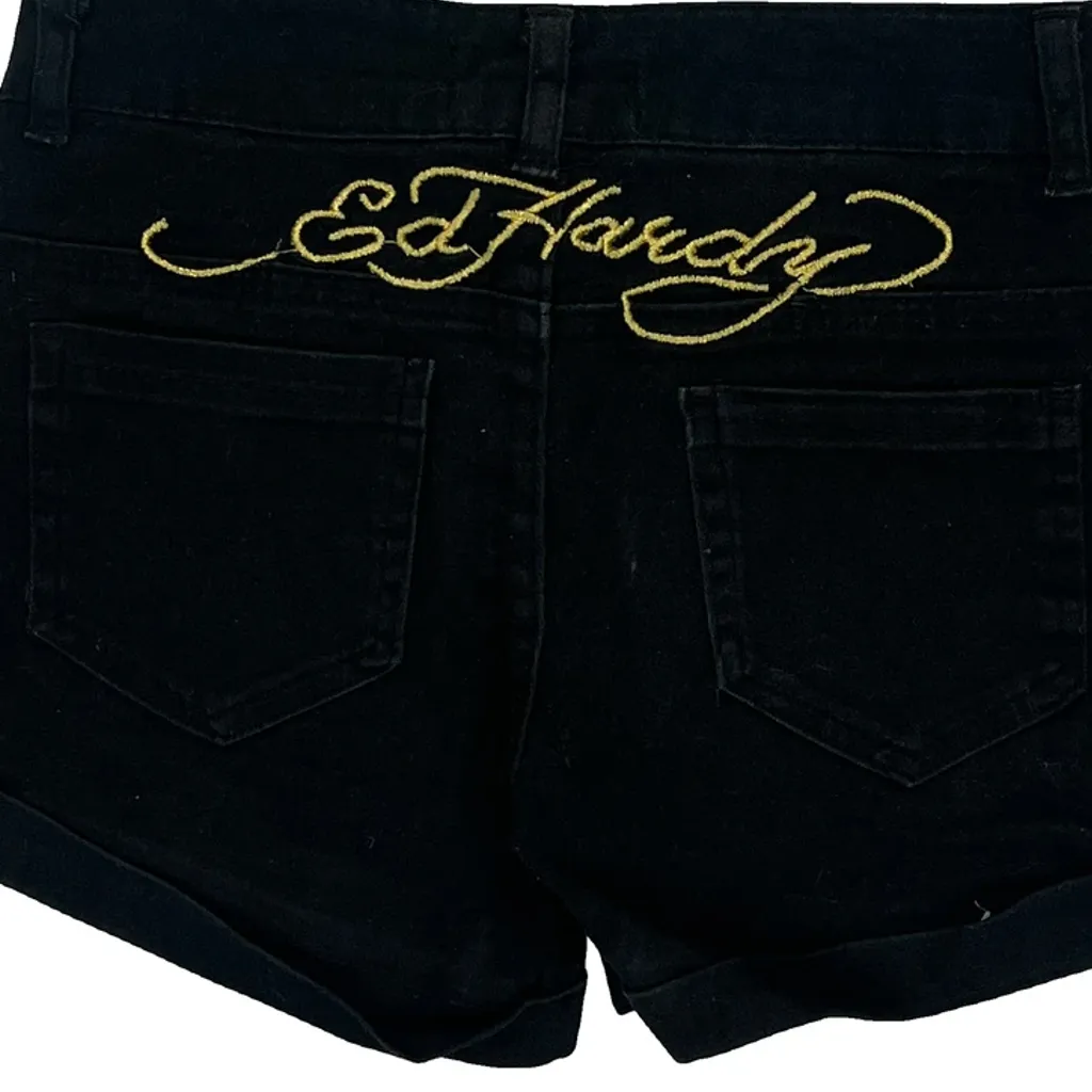 Age 8 Ed Hardy Graphic Denim Shorts - Smallw 3L Black Cotton - Image 4