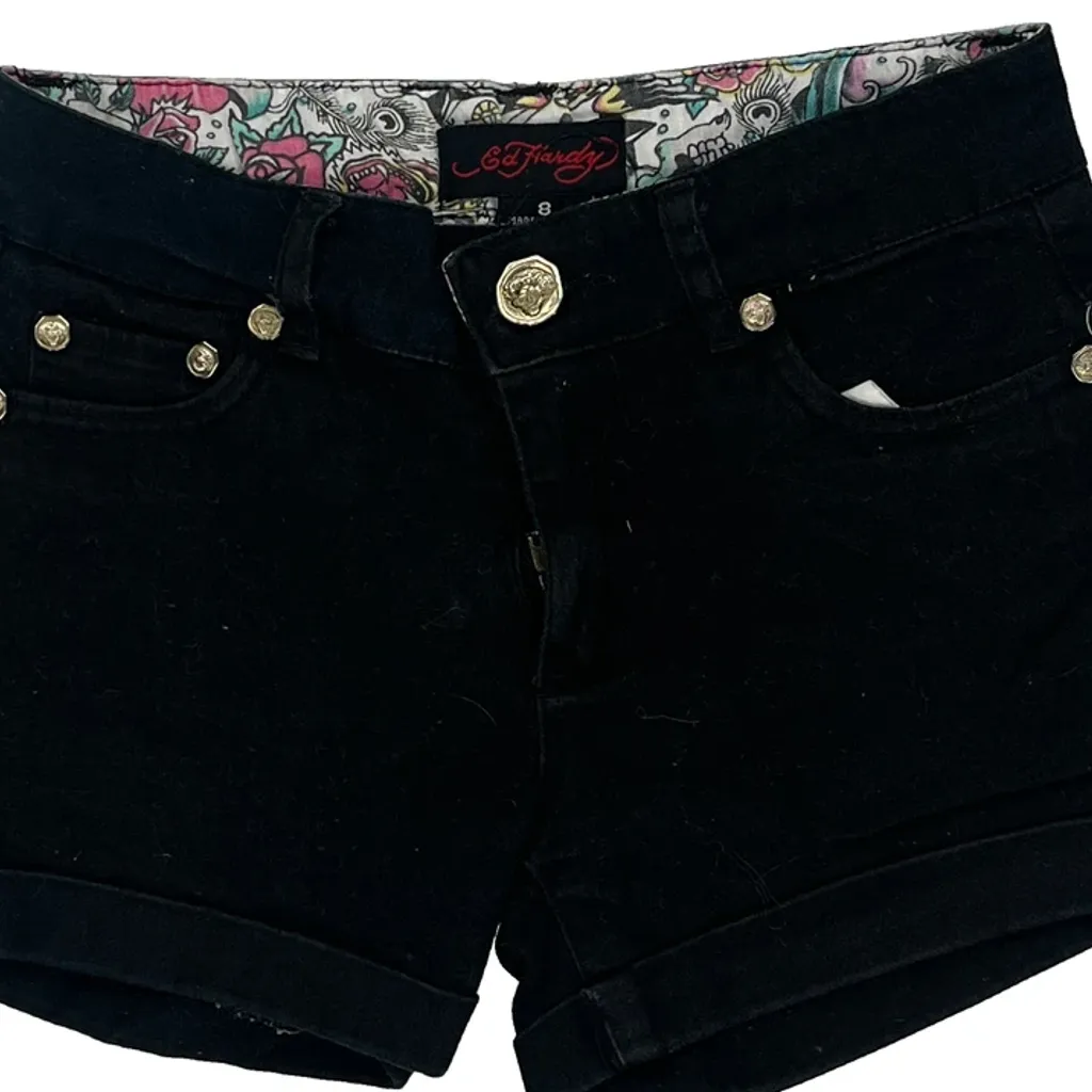 Age 8 Ed Hardy Graphic Denim Shorts - Smallw 3L Black Cotton - Image 6