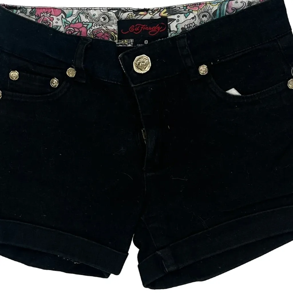 Age 8 Ed Hardy Graphic Denim Shorts - Smallw 3L Black Cotton - Image 7
