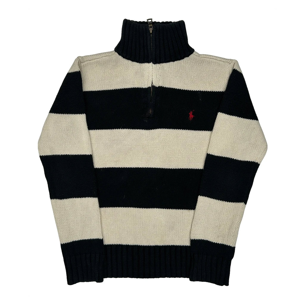 Age 8 Polo By Ralph Lauren Striped 1/4 Zip - Small Black & White Cotton